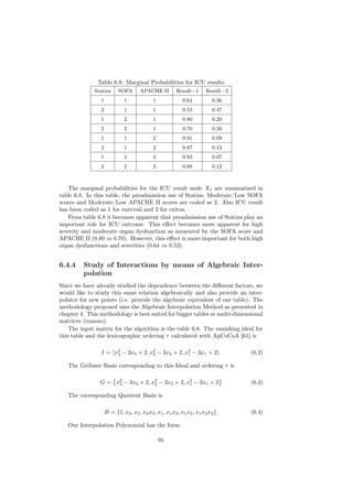 Table 6.8: Marginal Probabilities for ICU results
             Statins       SOFA       APACHE II         Result=1       Result=2
                1             1             1              0.64           0.36
                2             1             1              0.53           0.47
                1             2             1              0.80           0.20
                2             2             1              0.70           0.30
                1             1             2              0.91           0.09
                2             1             2              0.87           0.13
                1             2             2              0.93           0.07
                2             2             2              0.88           0.12



   The marginal probabilities for the ICU result node X1 are summarized in
table 6.8. In this table, the preadmission use of Statins, Moderate/Low SOFA
scores and Moderate/Low APACHE II scores are coded as 2. Also ICU result
has been coded as 1 for survival and 2 for exitus.
   From table 6.8 it becomes apparent that preadmission use of Statins play an
important role for ICU outcome. This eﬀect becomes more apparent for high
severity and moderate organ dysfunction as measured by the SOFA score and
APACHE II (0.80 vs 0.70). However, this eﬀect is more important for both high
organ dysfunctions and severities (0.64 vs 0.53).


6.4.4    Study of Interactions by means of Algebraic Inter-
         polation
Since we have already studied the dependence between the diﬀerent factors, we
would like to study this same relation algebraically and also provide an inter-
polator for new points (i.e. provide the algebraic equivalent of our table). The
methodology proposed uses the Algebraic Interpolation Method as presented in
chapter 4. This methodology is best suited for bigger tables or multi-dimensional
matrices (tensors).
    The input matrix for the algorithm is the table 6.8. The vanishing ideal for
this table and the lexicographic ordering τ calculated with ApCoCoA [61] is

                I = x2 − 3x3 + 2, x2 − 3x2 + 2, x2 − 3x1 + 2 .
                     3             2             1                                (6.2)

   The Gröbner Basis corresponding to this Ideal and ordering τ is

                G = x2 − 3x3 + 2, x2 − 3x2 + 2, x2 − 3x1 + 2
                     3             2             1                                (6.3)

   The corresponding Quotient Basis is

                    B = {1, x3 , x2 , x2 x3 , x1 , x1 x3 , x1 x2 , x1 x2 x3 }.    (6.4)

   Our Interpolation Polynomial has the form:

                                                91
 
