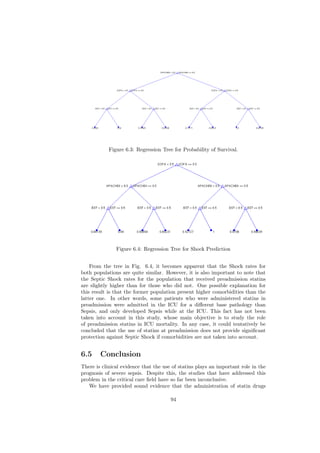 Figure 6.3: Regression Tree for Probability of Survival.




               Figure 6.4: Regression Tree for Shock Prediction


    From the tree in Fig. 6.4, it becomes apparent that the Shock rates for
both populations are quite similar. However, it is also important to note that
the Septic Shock rates for the population that received preadmission statins
are slightly higher than for those who did not. One possible explanation for
this result is that the former population present higher comorbidities than the
latter one. In other words, some patients who were administered statins in
preadmission were admitted in the ICU for a diﬀerent base pathology than
Sepsis, and only developed Sepsis while at the ICU. This fact has not been
taken into account in this study, whose main objective is to study the role
of preadmission statins in ICU mortality. In any case, it could tentatively be
concluded that the use of statins at preadmission does not provide signiﬁcant
protection against Septic Shock if comorbidities are not taken into account.


6.5     Conclusion
There is clinical evidence that the use of statins plays an important role in the
prognosis of severe sepsis. Despite this, the studies that have addressed this
problem in the critical care ﬁeld have so far been inconclusive.
   We have provided sound evidence that the administration of statin drugs

                                       94
 