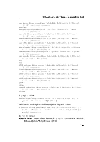 6.2 Ambiente di sviluppo, la macchina host


arm-iwmmx-linux-gnueabigcc-4.3.2glibc-2.8binutils-2.18kernel
    -2.6.27-sanitized.ptxconfig
arm-oabi
arm-v4t-linux-gnueabigcc-4.1.2glibc-2.5binutils-2.17kernel
    -2.6.18.ptxconfig
arm-v4t-linux-gnueabigcc-4.3.2glibc-2.8binutils-2.18kernel
    -2.6.27-sanitized.ptxconfig
arm-v5te-linux-gnueabigcc-4.1.2glibc-2.5binutils-2.17kernel
    -2.6.18.ptxconfig
arm-v5te-linux-gnueabigcc-4.3.2glibc-2.8binutils-2.18kernel
    -2.6.27-sanitized.ptxconfig
arm-v5tevfp-linux-gnueabigcc-4.3.2glibc-2.8binutils-2.18kernel
    -2.6.27-sanitized.ptxconfig
arm-xscale-linux-gnueabigcc-4.1.2glibc-2.5binutils-2.17kernel
    -2.6.18.ptxconfig
arm-xscale-linux-gnueabigcc-4.2.3glibc-2.8binutils-2.18kernel
    -2.6.27-sanitized.ptxcon
fig
avr
i586-unknown-linux-gnugcc-4.1.2glibc-2.5binutils-2.17kernel
    -2.6.18.ptxconfig
i586-unknown-linux-gnugcc-4.3.2glibc-2.8binutils-2.18kernel
    -2.6.27-sanitized.ptxconfig
i686-unknown-linux-gnugcc-4.1.2glibc-2.5binutils-2.17kernel
    -2.6.18.ptxconfig
i686-unknown-linux-gnugcc-4.3.2glibc-2.8binutils-2.18kernel
    -2.6.27-sanitized.ptxconfig
java
mingw
mipsel-softfloat-linux-gnugcc-4.2.3glibc-2.8binutils-2.18kernel
    -2.6.27-sanitized.ptxconfig
newlib

Il progetto utile è
arm-1136jfs-linux-gnueabi_gcc-4.3.2_glibc-2.8_binutils-2.19
   _kernel-2.6.27-sanitized.ptxconfig

Selezionato e conﬁgurabile con le seguenti righe di codice:
$ ptxdist select ptxconfigs/arm-1136jfs-linux-gnueabigcc-4.3.2
   glibc-2.8 binutils-2.19kernel-2.6.27-sanitized.ptxconfig $
   ptxdist menuconfig

Le voci del menu:
Project Name : Personalizza il nome del progetto per costruire toolchain
     differenti (OSELAS.Toolchain-1.99.3).

                                                                     97
 