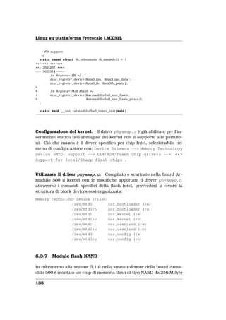 Linux su piattaforma Freescale i.MX31L


   * FB support
   */
  static const struct fb_videomode fb_modedb [ ] = {
 ***************
* * * 262,267 * * * *
−−− 305,314 − − − −
          / * R e g i s t e r FB * /
          mxc_register_device (&mx3_ipu , &mx3_ipu_data ) ;
          mxc_register_device (&mx3_fb , &mx3fb_pdata ) ;
+
+         / * R e g i s t e r NOR Flash * /
+         mxc_register_device (& armadillo5x0_nor_flash ,
+                                     &armadillo5x0_nor_flash_pdata ) ;
    }

  static void _ _ i n i t armadillo5x0_timer_init ( void )




Conﬁgurazione del kernel. Il driver physmap.c è già abilitato per l’in-
serimento statico nell’immagine del kernel con il supporto alle partizio-
ni. Ciò che manca è il driver speciﬁco per chip Intel, selezionabile nel
menu di conﬁgurazione con: Device Drivers --> Memory Technology
Device (MTD) support --> RAM/ROM/Flash chip drivers --> <*>
Support for Intel/Sharp flash chips .


Utilizzare il driver physmap.c. Compilato e scaricato nella board Ar-
madillo 500 il kernel con le modiﬁche apportate il driver physmap.c,
attraverso i comandi speciﬁci della ﬂash Intel, provvederà a creare la
struttura di block devices così organizzata:
Memory Technology Device (Flash)
                /dev/mtd0        nor.bootloader (rw)
                /dev/mtd0ro      nor.bootloader (ro)
                /dev/mtd1        nor.kernel (rw)
                /dev/mtd1ro      nor.kernel (ro)
                /dev/mtd2        nor.userland (rw)
                /dev/mtd2ro      nor.userland (ro)
                /dev/mtd3        nor.config (rw)
                /dev/mtd3ro      nor.config (ro)



6.3.7      Modulo ﬂash NAND

In riferimento alla sezione 5.1.6 nello strato inferiore della board Arma-
dillo 500 è montato un chip di memoria ﬂash di tipo NAND da 256 MByte

138
 