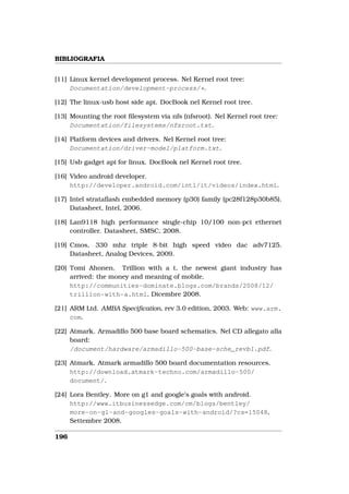 BIBLIOGRAFIA


[11] Linux kernel development process. Nel Kernel root tree:
     Documentation/development-process/*.

[12] The linux-usb host side api. DocBook nel Kernel root tree.

[13] Mounting the root ﬁlesystem via nfs (nfsroot). Nel Kernel root tree:
     Documentation/filesystems/nfsroot.txt.

[14] Platform devices and drivers. Nel Kernel root tree:
     Documentation/driver-model/platform.txt.

[15] Usb gadget api for linux. DocBook nel Kernel root tree.

[16] Video android developer.
     http://developer.android.com/intl/it/videos/index.html.

[17] Intel strataﬂash embedded memory (p30) family (pc28f128p30b85).
     Datasheet, Intel, 2006.

[18] Lan9118 high performance single-chip 10/100 non-pci ethernet
     controller. Datasheet, SMSC, 2008.

[19] Cmos, 330 mhz triple 8-bit high speed video dac adv7125.
     Datasheet, Analog Devices, 2009.

[20] Tomi Ahonen. Trillion with a t, the newest giant industry has
     arrived: the money and meaning of mobile.
     http://communities-dominate.blogs.com/brands/2008/12/
     trillion-with-a.html, Dicembre 2008.

[21] ARM Ltd. AMBA Speciﬁcation, rev 3.0 edition, 2003. Web: www.arm.
     com.

[22] Atmark. Armadillo 500 base board schematics. Nel CD allegato alla
     board:
     /document/hardware/armadillo-500-base-sche_revb1.pdf.

[23] Atmark. Atmark armadillo 500 board documentation resources.
     http://download.atmark-techno.com/armadillo-500/
     document/.

[24] Lora Bentley. More on g1 and google’s goals with android.
     http://www.itbusinessedge.com/cm/blogs/bentley/
     more-on-g1-and-googles-goals-with-android/?cs=15048,
     Settembre 2008.

196
 
