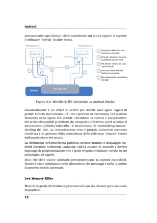 Android


precisamente ogni thread, viene considerato un entità capace di esporre
o utilizzare "servizi" di altre entità.




        Figura 2.2: Modello di IPC introdotto da Android Binder.

Essenzialmente è un driver in kernel più librerie user space capaci di
gestire l’intero meccanismo IPC tra i processi in esecuzione nel sistema
riassunto nella ﬁgura 2.2 quindi: l’iscrizione la ricerca e l’acquisizione
dei servizi disponibili pubblicati dai componenti Services attivi secondo il
meccanismo publish/subscribe, il meccanismo di marshalling/unmar-
shalling dei dati, la comunicazione vera e propria attraverso memoria
condivisa e la gestione della consistenza delle referenze "remote" create
dall’acquisizione dei servizi.
La deﬁnizione dell’interfaccia pubblica avviene tramite il linguaggio An-
droid Interface Deﬁnition Language (AIDL) capace di astrarre i diversi
linguaggi di programmazione con i quali vengono realizzati i servizi in un
paradigma ad oggetti.
Dato che deve essere utilizzato prevalentemente in sistemi embedded,
Binder è stato ottimizzato nella dimensione dei messaggi e nella quantità
di process-switch necessari.


Low Memory Killer

Modulo in grado di terminare processi nel caso sia rimasta poca memoria
disponibile.

18
 