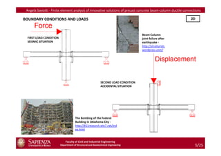 Angela Saviotti - Finite element analysis of innovative solutions of precast concrete beam-column ductile connections

BOUNDARY CONDITIONS AND LOADS                                                                                  2D



                                                                                   Beam-Column
 FIRST LOAD CONDITION                                                              joint failure after
 SEISMIC SITUATION                                                                 earthquake -
                                                                                   http://strutturisti.
                                                                                   wordpress.com/




                                                           SECOND LOAD CONDITION
                                                           ACCIDENTAL SITUATION




                                     The Bombing of the Federal
                                     Building in Oklahoma City -
                                     http://911research.wtc7.net/ind
                                     ex.html


                            Faculty of Civil and Industrial Engineering
                        Department of Structural and Geotechnical Engineering                                     5/25
 