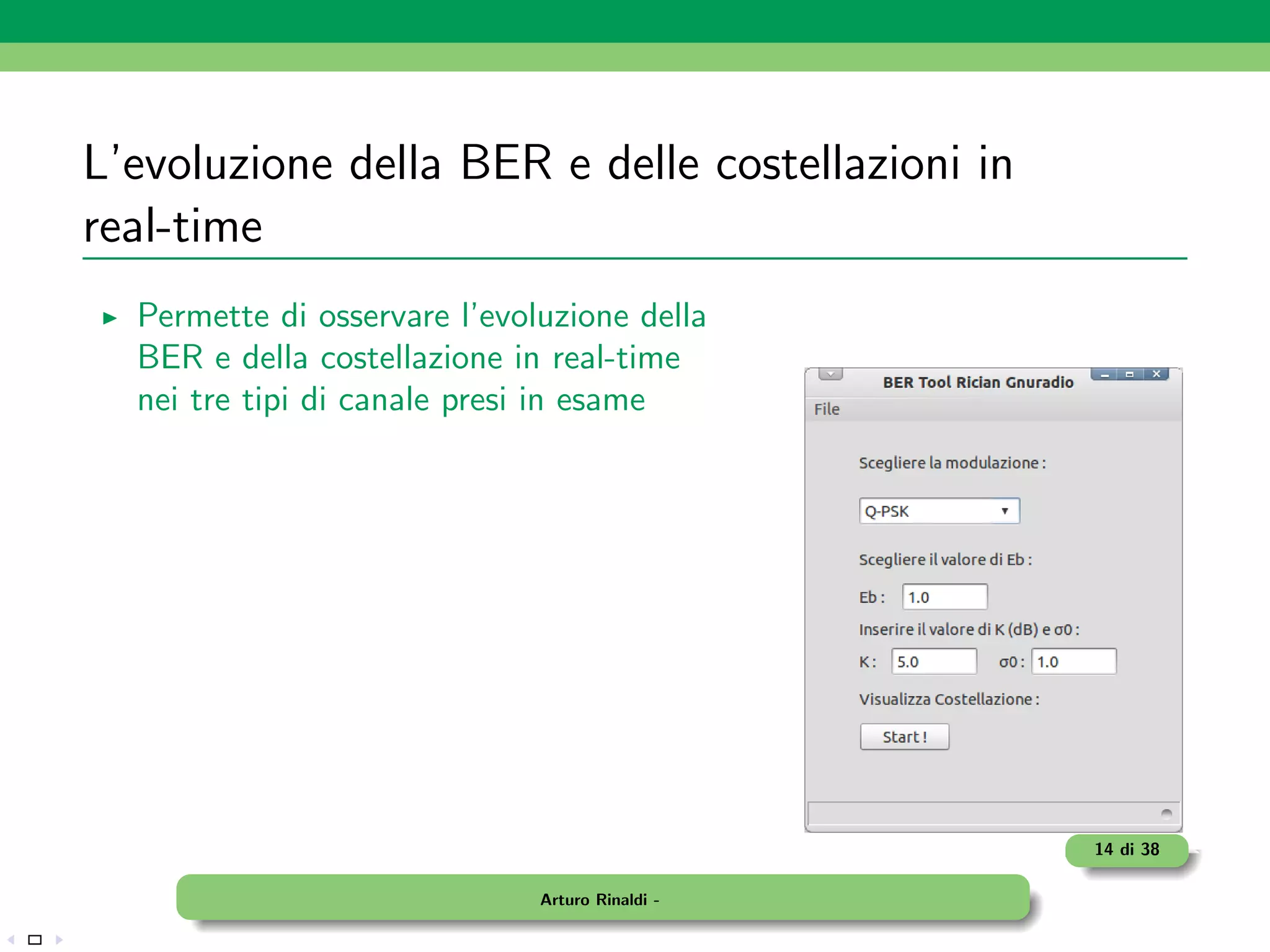 L’evoluzione della BER e delle costellazioni in
real-time
  Permette di osservare l’evoluzione della
  BER e della costellazione in real-time
  nei tre tipi di canale presi in esame




                                                  14 di 38

                              Arturo Rinaldi -
 