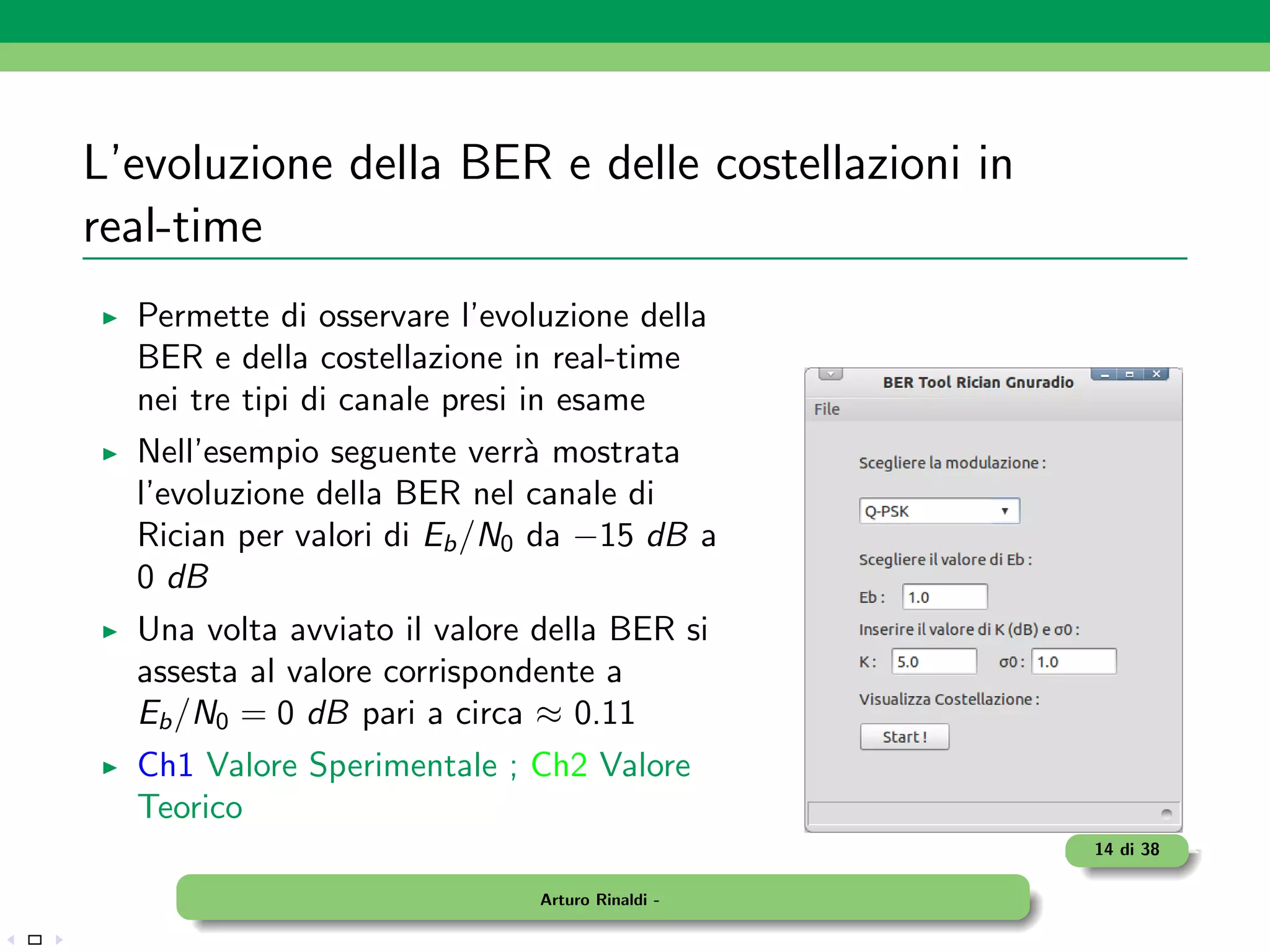 L’evoluzione della BER e delle costellazioni in
real-time
  Permette di osservare l’evoluzione della
  BER e della costellazione in real-time
  nei tre tipi di canale presi in esame
  Nell’esempio seguente verr` mostrata
                              a
  l’evoluzione della BER nel canale di
  Rician per valori di Eb /N0 da −15 dB a
  0 dB
  Una volta avviato il valore della BER si
  assesta al valore corrispondente a
  Eb /N0 = 0 dB pari a circa ≈ 0.11
  Ch1 Valore Sperimentale ; Ch2 Valore
  Teorico
                                                  14 di 38

                              Arturo Rinaldi -
 