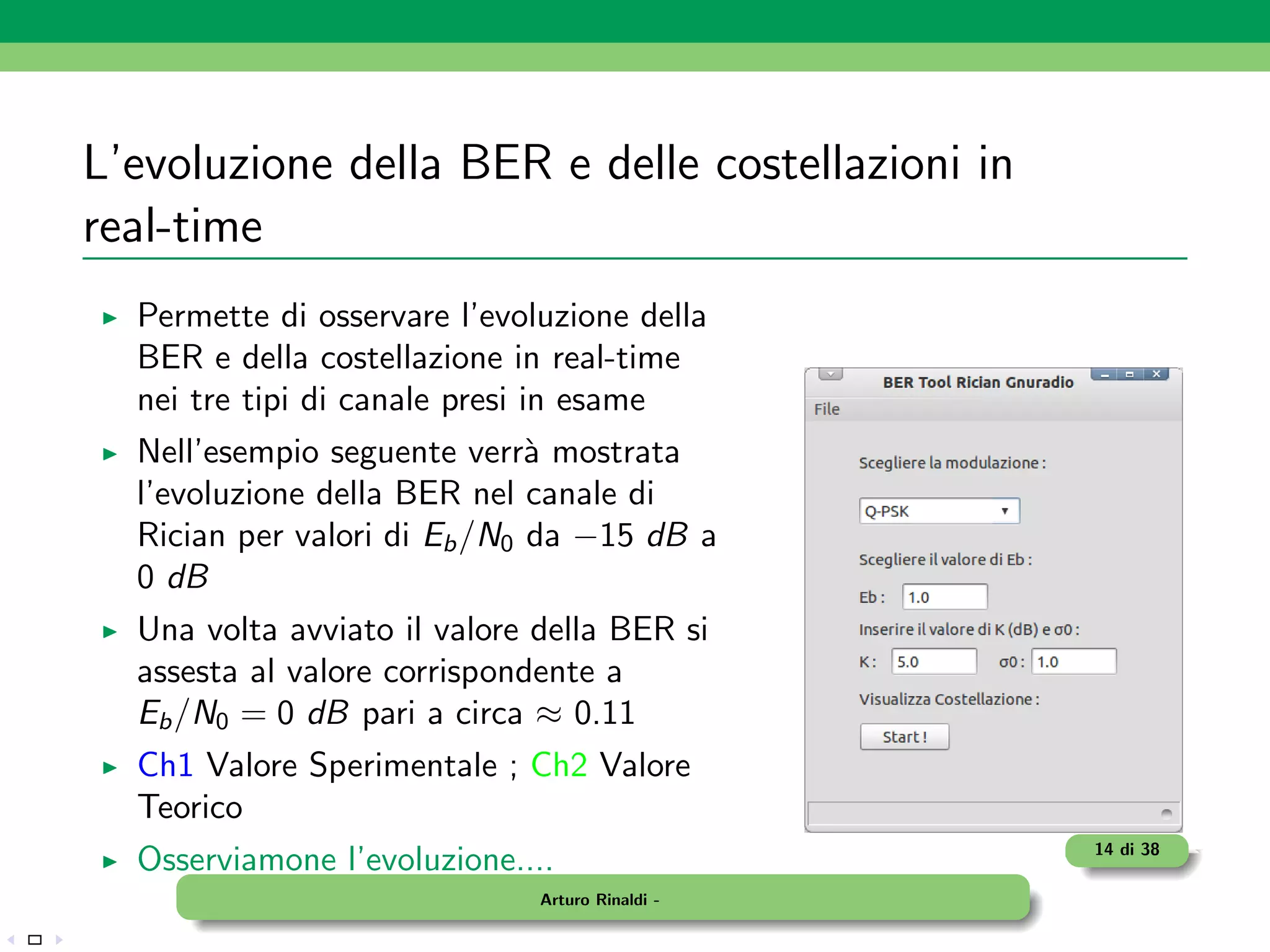 L’evoluzione della BER e delle costellazioni in
real-time
  Permette di osservare l’evoluzione della
  BER e della costellazione in real-time
  nei tre tipi di canale presi in esame
  Nell’esempio seguente verr` mostrata
                              a
  l’evoluzione della BER nel canale di
  Rician per valori di Eb /N0 da −15 dB a
  0 dB
  Una volta avviato il valore della BER si
  assesta al valore corrispondente a
  Eb /N0 = 0 dB pari a circa ≈ 0.11
  Ch1 Valore Sperimentale ; Ch2 Valore
  Teorico
                                                  14 di 38
  Osserviamone l’evoluzione....
                              Arturo Rinaldi -
 