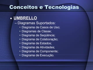 Conceitos e Tecnologias UMBRELLO Diagramas Suportados: Diagrama de Casos de Uso; Diagramas de Classe; Diagrama de Seqüência; Diagrama de Colaboração; Diagrama de Estados; Diagrama de Atividades; Diagrama de Componente; Diagrama de Execução. 