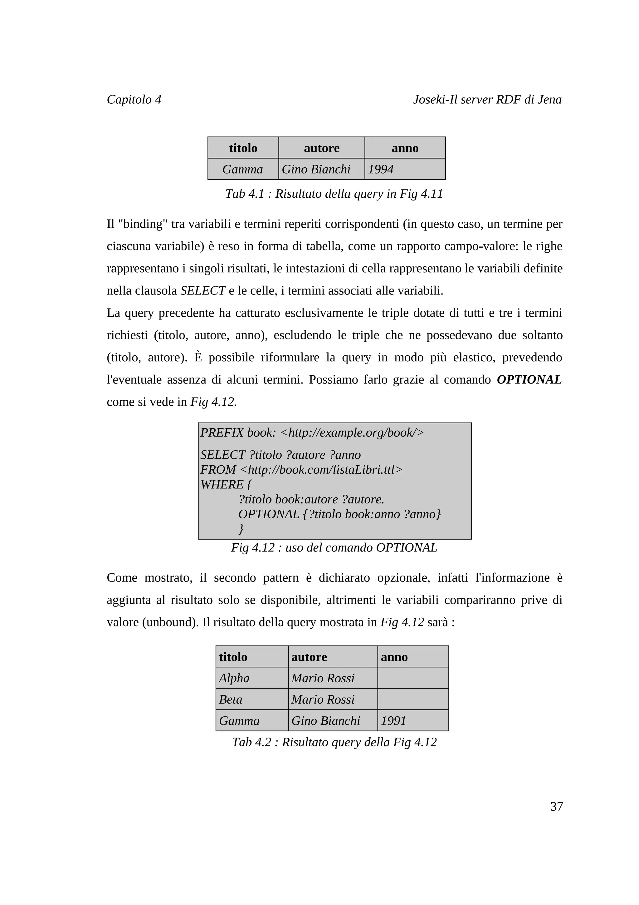 Capitolo 4                                                      Joseki-Il server RDF di Jena


                         titolo          autore            anno
                        Gamma       Gino Bianchi      1994
                        Tab 4.1 : Risultato della query in Fig 4.11

Il "binding" tra variabili e termini reperiti corrispondenti (in questo caso, un termine per
ciascuna variabile) è reso in forma di tabella, come un rapporto campo-valore: le righe
rappresentano i singoli risultati, le intestazioni di cella rappresentano le variabili definite
nella clausola SELECT e le celle, i termini associati alle variabili.
La query precedente ha catturato esclusivamente le triple dotate di tutti e tre i termini
richiesti (titolo, autore, anno), escludendo le triple che ne possedevano due soltanto
(titolo, autore). È possibile riformulare la query in modo più elastico, prevedendo
l'eventuale assenza di alcuni termini. Possiamo farlo grazie al comando OPTIONAL
come si vede in Fig 4.12.

                   PREFIX book: <http://example.org/book/>
                   SELECT ?titolo ?autore ?anno
                   FROM <http://book.com/listaLibri.ttl>
                   WHERE {
                        ?titolo book:autore ?autore.
                        OPTIONAL {?titolo book:anno ?anno}
                        }
                       Fig 4.12 : uso del comando OPTIONAL

Come mostrato, il secondo pattern è dichiarato opzionale, infatti l'informazione è
aggiunta al risultato solo se disponibile, altrimenti le variabili compariranno prive di
valore (unbound). Il risultato della query mostrata in Fig 4.12 sarà :

                       titolo         autore             anno
                       Alpha          Mario Rossi
                       Beta           Mario Rossi
                       Gamma          Gino Bianchi       1991
                          Tab 4.2 : Risultato query della Fig 4.12



                                                                                            37
 