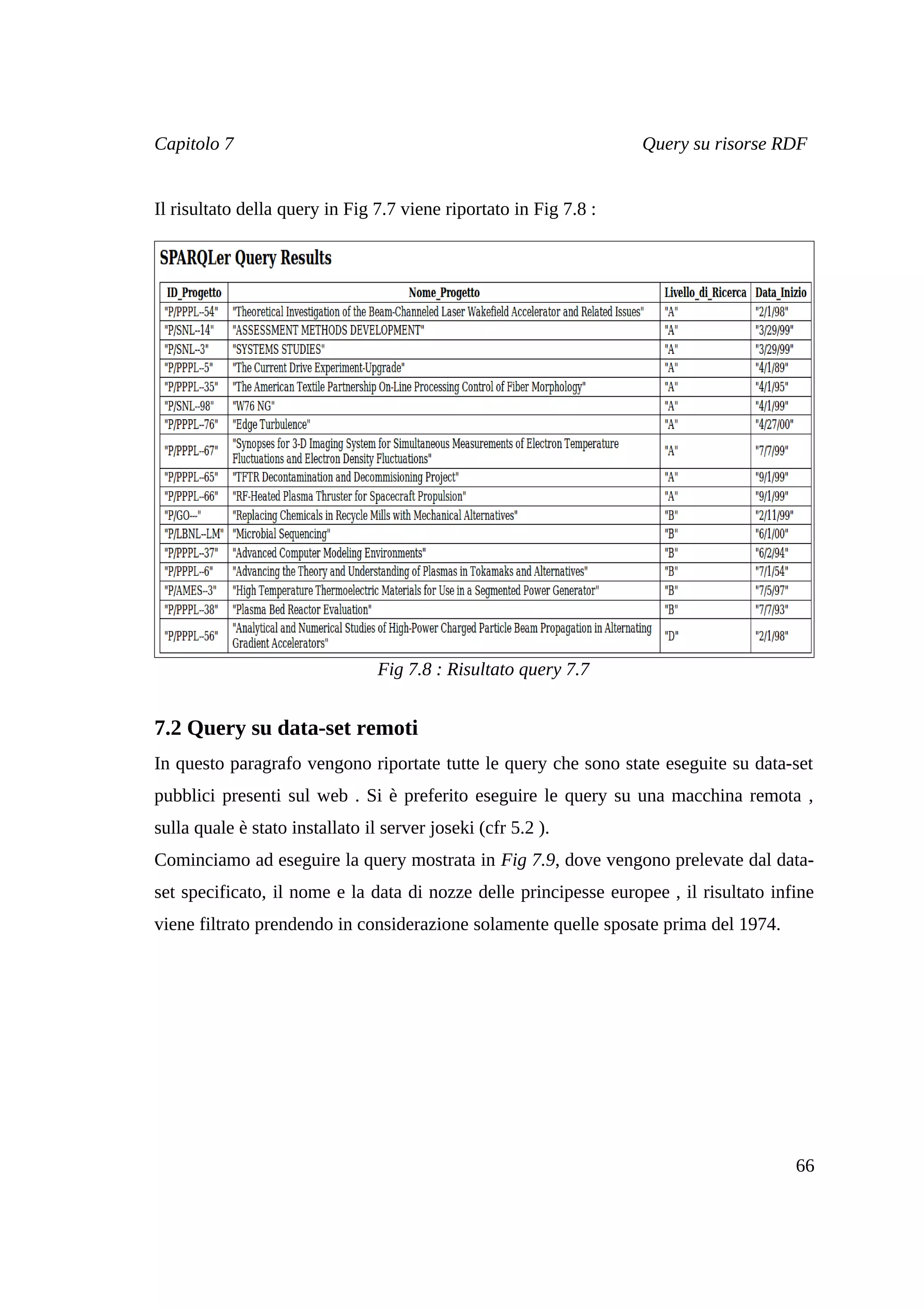 Capitolo 7                                                         Query su risorse RDF


Il risultato della query in Fig 7.7 viene riportato in Fig 7.8 :




                                 Fig 7.8 : Risultato query 7.7


7.2 Query su data-set remoti
In questo paragrafo vengono riportate tutte le query che sono state eseguite su data-set
pubblici presenti sul web . Si è preferito eseguire le query su una macchina remota ,
sulla quale è stato installato il server joseki (cfr 5.2 ).
Cominciamo ad eseguire la query mostrata in Fig 7.9, dove vengono prelevate dal data-
set specificato, il nome e la data di nozze delle principesse europee , il risultato infine
viene filtrato prendendo in considerazione solamente quelle sposate prima del 1974.




                                                                                        66
 