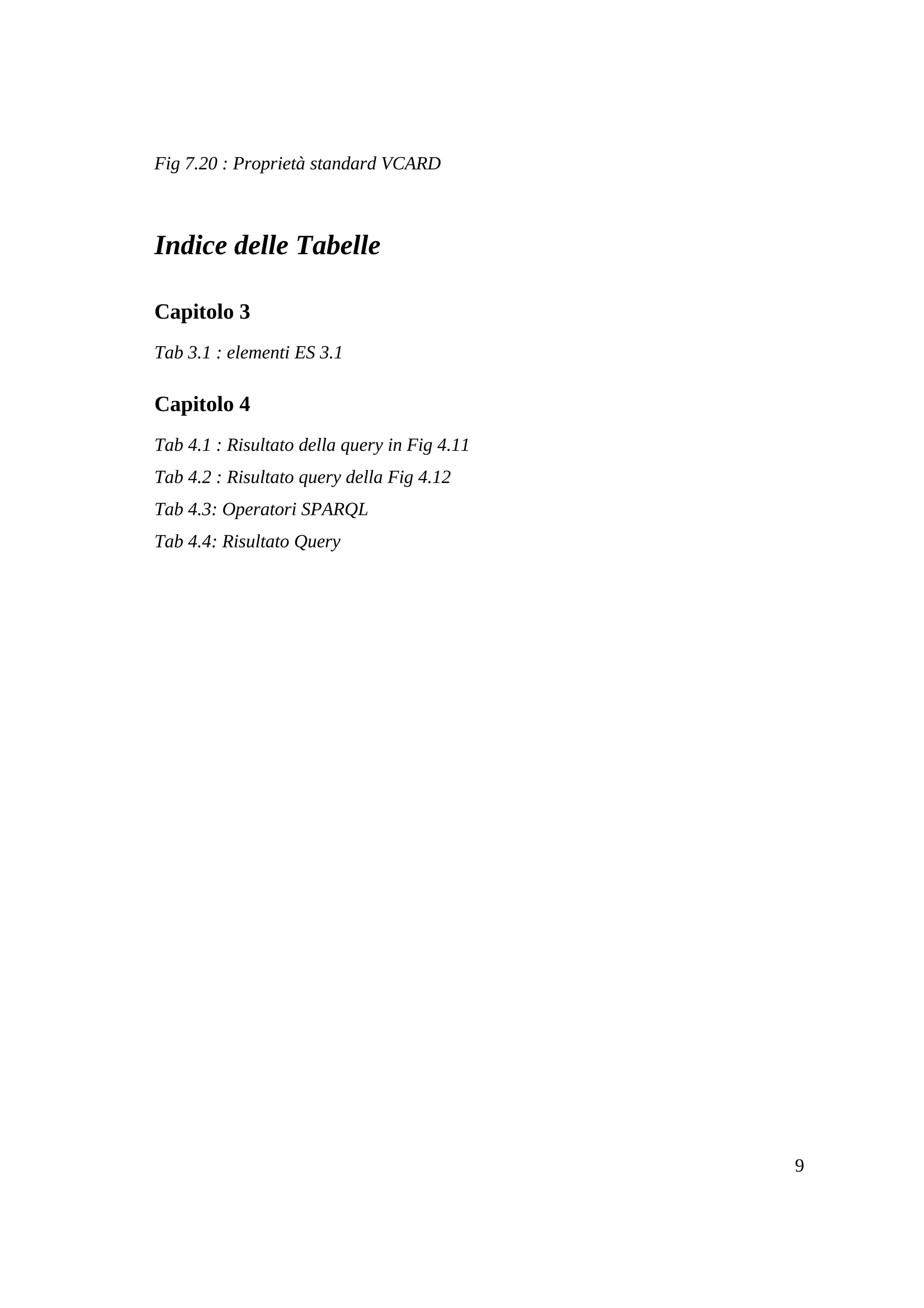 Fig 7.20 : Proprietà standard VCARD



Indice delle Tabelle

Capitolo 3
Tab 3.1 : elementi ES 3.1

Capitolo 4
Tab 4.1 : Risultato della query in Fig 4.11
Tab 4.2 : Risultato query della Fig 4.12
Tab 4.3: Operatori SPARQL
Tab 4.4: Risultato Query




                                              9
 
