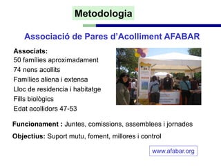Metodologia

    Associació de Pares d’Acolliment AFABAR
Associats:
50 famílies aproximadament
74 nens acollits
Famílies aliena i extensa
Lloc de residencia i habitatge
Fills biològics
Edat acollidors 47-53

Funcionament : Juntes, comissions, assemblees i jornades
Objectius: Suport mutu, foment, millores i control

                                              www.afabar.org
 