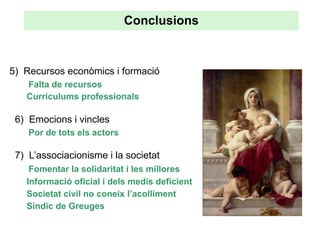 Conclusions


5) Recursos econòmics i formació
   Falta de recursos
   Currículums professionals

 6) Emocions i vincles
    Por de tots els actors

 7) L’associacionisme i la societat
    Fomentar la solidaritat i les millores
   Informació oficial i dels medis deficient
   Societat civil no coneix l’acolliment
   Síndic de Greuges
 