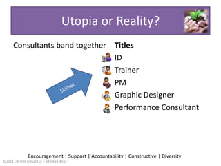 Utopia or Reality?Consultants band togetherTitlesIDTrainerPM Graphic Designer Performance Consultant SkillsetEncouragement | Support | Accountability | Constructive | Diversity