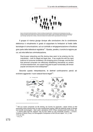 5. Le reti e le architetture di condivisione




                                                                                                            
               Il gruppo di ricerca giunge dunque alla conclusione che la condivisione
       elettronica è virtualmente in grado di sopportare le limitazioni al livello delle
       tecnologie di comunicazione, sul cui controllo e reingegnerizzazione si focalizza
       gran parte della letteratura regolativa11. Questa, peraltro, è anche la ragione per
       cui, ad onta della loro criminalizzazione,

                  Peer-to-peer networking and file sharing does seem to be entering into the
                  mainstream – both for illegal and legal uses. If we couple this with the rapid
                  build-out of consumer broadband, the dropping price of storage, and the fact
                  that personal computers are effectively establishing themselves as centers
                  of home-entertainment, we suspect that peer-to-peer functionality will remain
                  popular and become more widespread12.

               Secondo questa interpretazione, le darknet continueranno perciò ad
       evolversi aggirando i nuovi ostacoli tecno-legali13: 




                                                                   
       11
           Nel suo studio comparato sul file sharing, Ian Condry ha osservato: «Japan shows us that
       preventing online sharing does not stop unauthorized copying. With the widening range of storage
       and transfer technologies – flash cards, standalone CD-R, iPods, terabyte-sized hard drives, etc.
       – it seems likely that the ‘darknet’ may be less reliant on p2p eventually anyway». I CONDRY.
       “Cultures of Music Piracy: An Ethnographic Comparison of the US and Japan”, cit., p. 359.
       12
          Ivi, pp. 8-9.
       13
          Ivi, p. 4.

173 
        
 