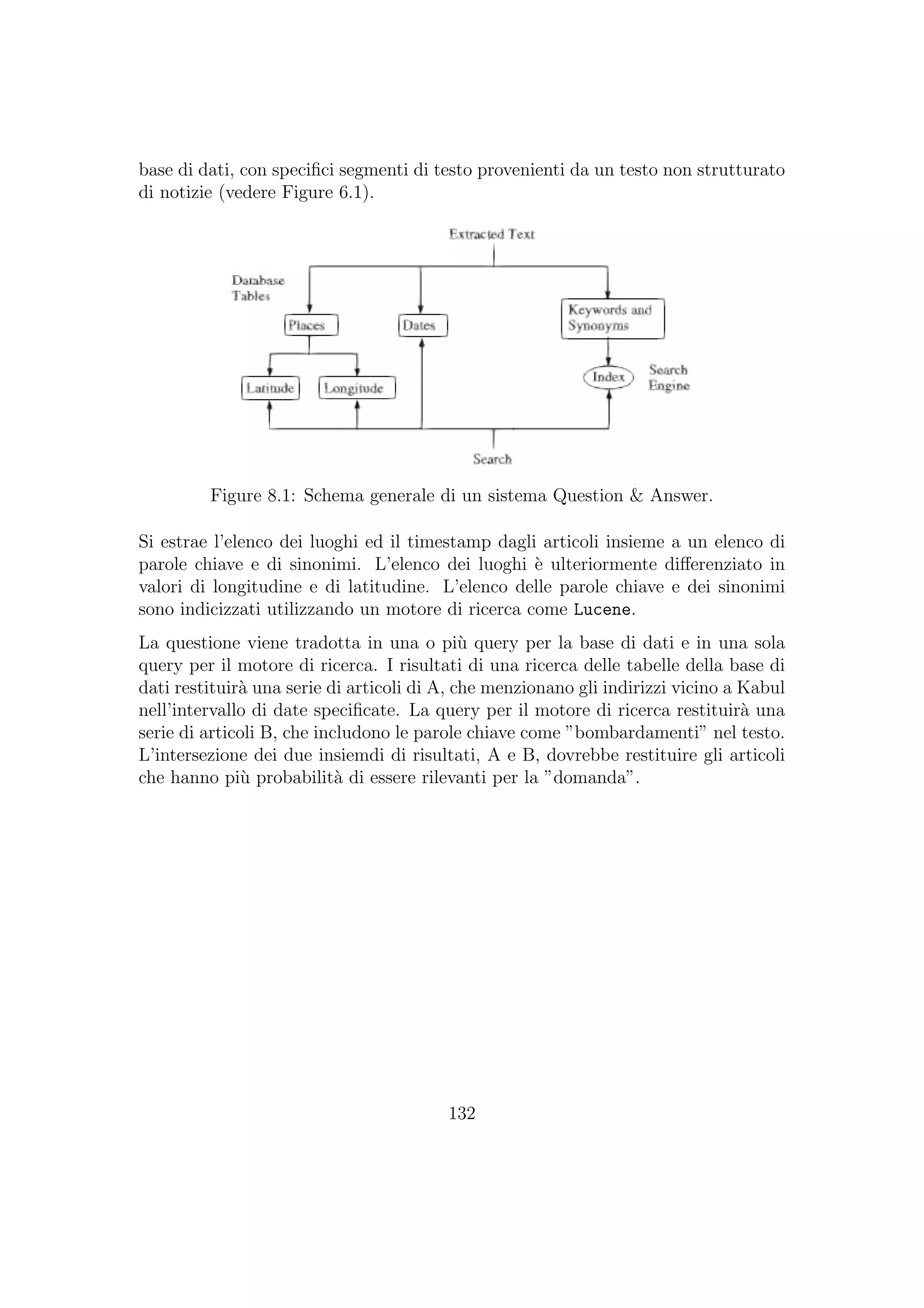 base di dati, con speciﬁci segmenti di testo provenienti da un testo non strutturato
di notizie (vedere Figure 6.1).
Figure 8.1: Schema generale di un sistema Question & Answer.
Si estrae l’elenco dei luoghi ed il timestamp dagli articoli insieme a un elenco di
parole chiave e di sinonimi. L’elenco dei luoghi `e ulteriormente diﬀerenziato in
valori di longitudine e di latitudine. L’elenco delle parole chiave e dei sinonimi
sono indicizzati utilizzando un motore di ricerca come Lucene.
La questione viene tradotta in una o pi`u query per la base di dati e in una sola
query per il motore di ricerca. I risultati di una ricerca delle tabelle della base di
dati restituir`a una serie di articoli di A, che menzionano gli indirizzi vicino a Kabul
nell’intervallo di date speciﬁcate. La query per il motore di ricerca restituir`a una
serie di articoli B, che includono le parole chiave come ”bombardamenti” nel testo.
L’intersezione dei due insiemdi di risultati, A e B, dovrebbe restituire gli articoli
che hanno pi`u probabilit`a di essere rilevanti per la ”domanda”.
132
 