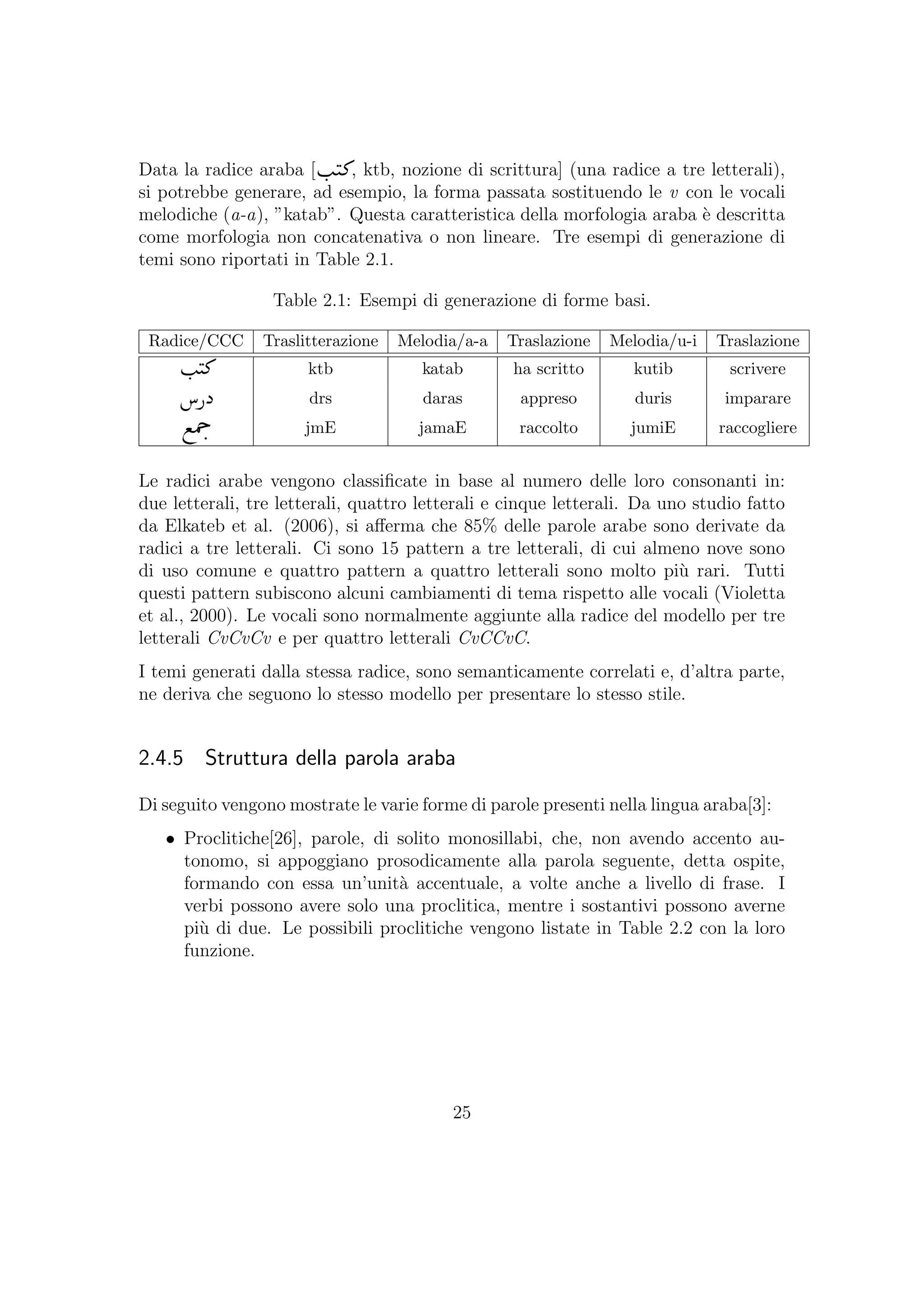 Data la radice araba [ , ktb, nozione di scrittura] (una radice a tre letterali),
si potrebbe generare, ad esempio, la forma passata sostituendo le v con le vocali
melodiche (a-a), ”katab”. Questa caratteristica della morfologia araba `e descritta
come morfologia non concatenativa o non lineare. Tre esempi di generazione di
temi sono riportati in Table 2.1.
Table 2.1: Esempi di generazione di forme basi.
Radice/CCC Traslitterazione Melodia/a-a Traslazione Melodia/u-i Traslazione
ktb katab ha scritto kutib scrivere
drs daras appreso duris imparare
jmE jamaE raccolto jumiE raccogliere
Le radici arabe vengono classiﬁcate in base al numero delle loro consonanti in:
due letterali, tre letterali, quattro letterali e cinque letterali. Da uno studio fatto
da Elkateb et al. (2006), si aﬀerma che 85% delle parole arabe sono derivate da
radici a tre letterali. Ci sono 15 pattern a tre letterali, di cui almeno nove sono
di uso comune e quattro pattern a quattro letterali sono molto pi`u rari. Tutti
questi pattern subiscono alcuni cambiamenti di tema rispetto alle vocali (Violetta
et al., 2000). Le vocali sono normalmente aggiunte alla radice del modello per tre
letterali CvCvCv e per quattro letterali CvCCvC.
I temi generati dalla stessa radice, sono semanticamente correlati e, d’altra parte,
ne deriva che seguono lo stesso modello per presentare lo stesso stile.
2.4.5 Struttura della parola araba
Di seguito vengono mostrate le varie forme di parole presenti nella lingua araba[3]:
• Proclitiche[26], parole, di solito monosillabi, che, non avendo accento au-
tonomo, si appoggiano prosodicamente alla parola seguente, detta ospite,
formando con essa un’unit`a accentuale, a volte anche a livello di frase. I
verbi possono avere solo una proclitica, mentre i sostantivi possono averne
pi`u di due. Le possibili proclitiche vengono listate in Table 2.2 con la loro
funzione.
25
 