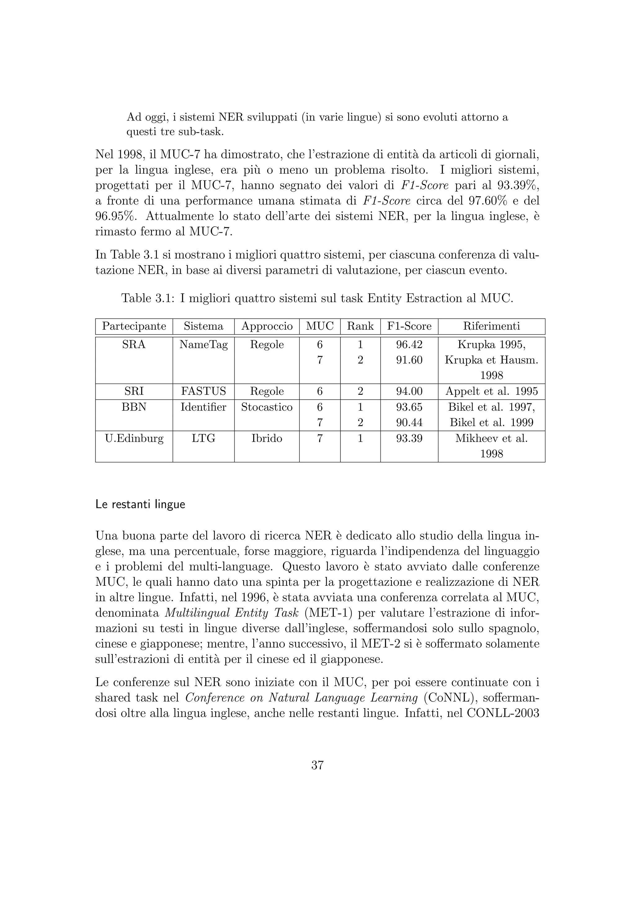Ad oggi, i sistemi NER sviluppati (in varie lingue) si sono evoluti attorno a
questi tre sub-task.
Nel 1998, il MUC-7 ha dimostrato, che l’estrazione di entit`a da articoli di giornali,
per la lingua inglese, era pi`u o meno un problema risolto. I migliori sistemi,
progettati per il MUC-7, hanno segnato dei valori di F1-Score pari al 93.39%,
a fronte di una performance umana stimata di F1-Score circa del 97.60% e del
96.95%. Attualmente lo stato dell’arte dei sistemi NER, per la lingua inglese, `e
rimasto fermo al MUC-7.
In Table 3.1 si mostrano i migliori quattro sistemi, per ciascuna conferenza di valu-
tazione NER, in base ai diversi parametri di valutazione, per ciascun evento.
Table 3.1: I migliori quattro sistemi sul task Entity Estraction al MUC.
Partecipante Sistema Approccio MUC Rank F1-Score Riferimenti
SRA NameTag Regole 6 1 96.42 Krupka 1995,
7 2 91.60 Krupka et Hausm.
1998
SRI FASTUS Regole 6 2 94.00 Appelt et al. 1995
BBN Identiﬁer Stocastico 6 1 93.65 Bikel et al. 1997,
7 2 90.44 Bikel et al. 1999
U.Edinburg LTG Ibrido 7 1 93.39 Mikheev et al.
1998
Le restanti lingue
Una buona parte del lavoro di ricerca NER `e dedicato allo studio della lingua in-
glese, ma una percentuale, forse maggiore, riguarda l’indipendenza del linguaggio
e i problemi del multi-language. Questo lavoro `e stato avviato dalle conferenze
MUC, le quali hanno dato una spinta per la progettazione e realizzazione di NER
in altre lingue. Infatti, nel 1996, `e stata avviata una conferenza correlata al MUC,
denominata Multilingual Entity Task (MET-1) per valutare l’estrazione di infor-
mazioni su testi in lingue diverse dall’inglese, soﬀermandosi solo sullo spagnolo,
cinese e giapponese; mentre, l’anno successivo, il MET-2 si `e soﬀermato solamente
sull’estrazioni di entit`a per il cinese ed il giapponese.
Le conferenze sul NER sono iniziate con il MUC, per poi essere continuate con i
shared task nel Conference on Natural Language Learning (CoNNL), soﬀerman-
dosi oltre alla lingua inglese, anche nelle restanti lingue. Infatti, nel CONLL-2003
37
 