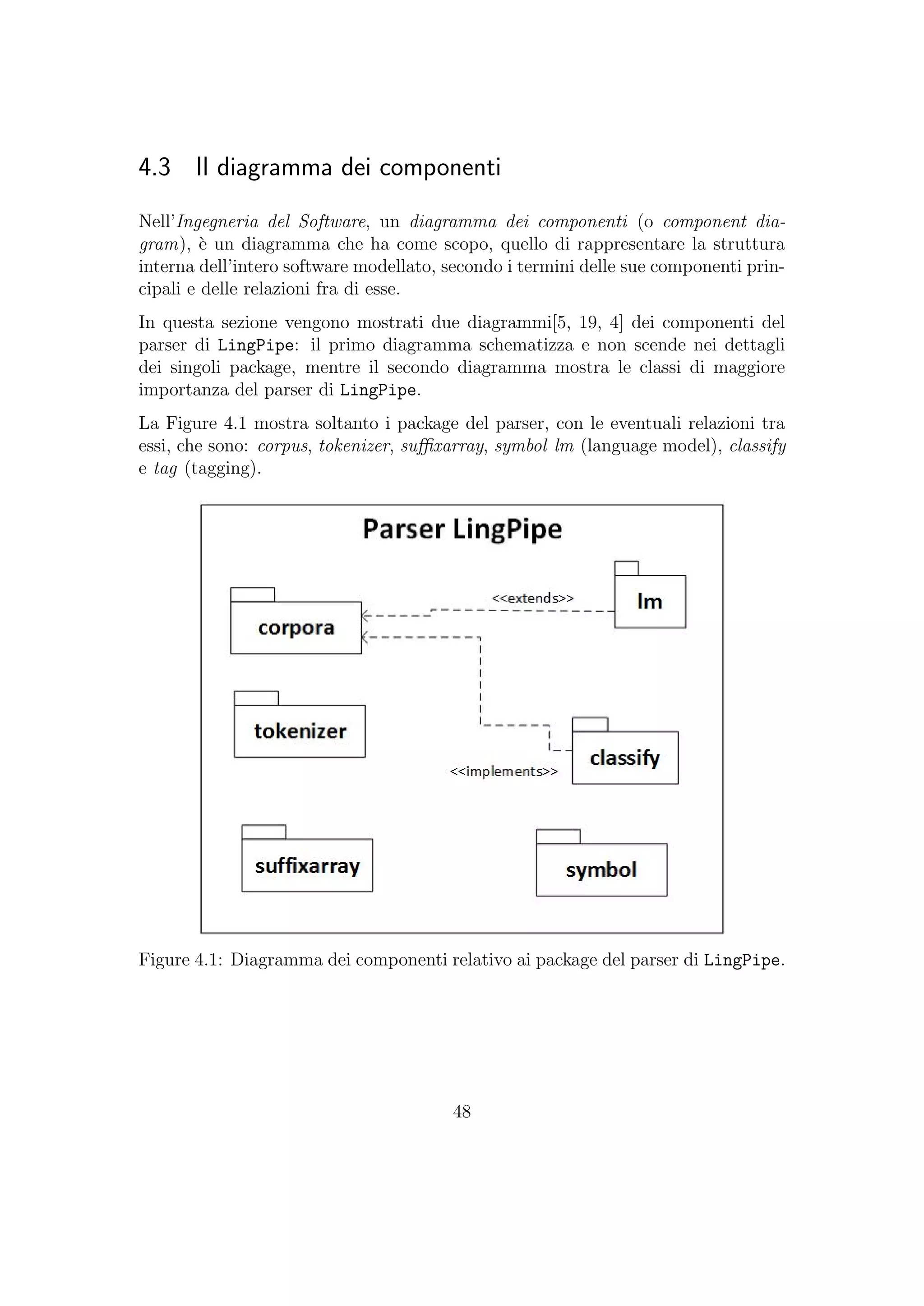 4.3 Il diagramma dei componenti
Nell’Ingegneria del Software, un diagramma dei componenti (o component dia-
gram), `e un diagramma che ha come scopo, quello di rappresentare la struttura
interna dell’intero software modellato, secondo i termini delle sue componenti prin-
cipali e delle relazioni fra di esse.
In questa sezione vengono mostrati due diagrammi[5, 19, 4] dei componenti del
parser di LingPipe: il primo diagramma schematizza e non scende nei dettagli
dei singoli package, mentre il secondo diagramma mostra le classi di maggiore
importanza del parser di LingPipe.
La Figure 4.1 mostra soltanto i package del parser, con le eventuali relazioni tra
essi, che sono: corpus, tokenizer, suﬃxarray, symbol lm (language model), classify
e tag (tagging).
Figure 4.1: Diagramma dei componenti relativo ai package del parser di LingPipe.
48
 