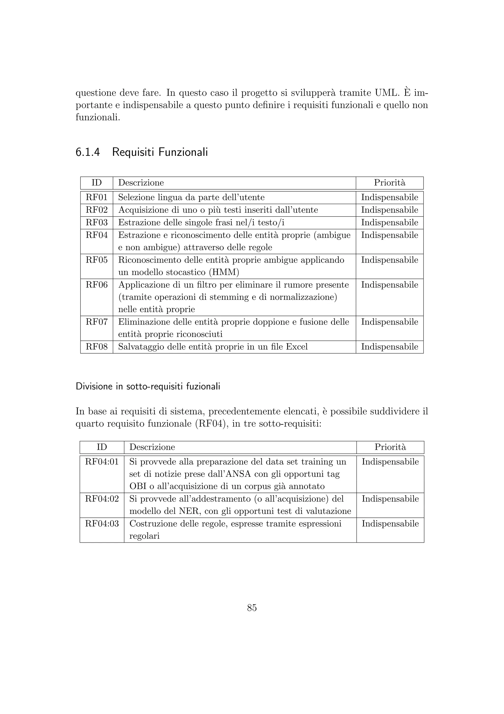 questione deve fare. In questo caso il progetto si svilupper`a tramite UML. `E im-
portante e indispensabile a questo punto deﬁnire i requisiti funzionali e quello non
funzionali.
6.1.4 Requisiti Funzionali
ID Descrizione Priorit`a
RF01 Selezione lingua da parte dell’utente Indispensabile
RF02 Acquisizione di uno o pi`u testi inseriti dall’utente Indispensabile
RF03 Estrazione delle singole frasi nel/i testo/i Indispensabile
RF04 Estrazione e riconoscimento delle entit`a proprie (ambigue Indispensabile
e non ambigue) attraverso delle regole
RF05 Riconoscimento delle entit`a proprie ambigue applicando Indispensabile
un modello stocastico (HMM)
RF06 Applicazione di un ﬁltro per eliminare il rumore presente Indispensabile
(tramite operazioni di stemming e di normalizzazione)
nelle entit`a proprie
RF07 Eliminazione delle entit`a proprie doppione e fusione delle Indispensabile
entit`a proprie riconosciuti
RF08 Salvataggio delle entit`a proprie in un ﬁle Excel Indispensabile
Divisione in sotto-requisiti fuzionali
In base ai requisiti di sistema, precedentemente elencati, `e possibile suddividere il
quarto requisito funzionale (RF04), in tre sotto-requisiti:
ID Descrizione Priorit`a
RF04:01 Si provvede alla preparazione del data set training un Indispensabile
set di notizie prese dall’ANSA con gli opportuni tag
OBI o all’acquisizione di un corpus gi`a annotato
RF04:02 Si provvede all’addestramento (o all’acquisizione) del Indispensabile
modello del NER, con gli opportuni test di valutazione
RF04:03 Costruzione delle regole, espresse tramite espressioni Indispensabile
regolari
85
 