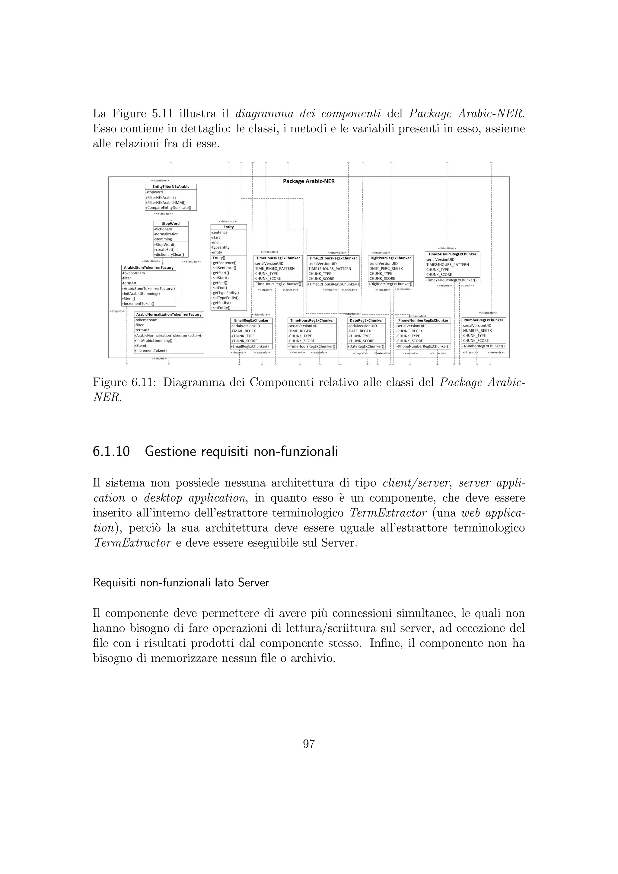 La Figure 5.11 illustra il diagramma dei componenti del Package Arabic-NER.
Esso contiene in dettaglio: le classi, i metodi e le variabili presenti in esso, assieme
alle relazioni fra di esse.
Figure 6.11: Diagramma dei Componenti relativo alle classi del Package Arabic-
NER.
6.1.10 Gestione requisiti non-funzionali
Il sistema non possiede nessuna architettura di tipo client/server, server appli-
cation o desktop application, in quanto esso `e un componente, che deve essere
inserito all’interno dell’estrattore terminologico TermExtractor (una web applica-
tion), perci`o la sua architettura deve essere uguale all’estrattore terminologico
TermExtractor e deve essere eseguibile sul Server.
Requisiti non-funzionali lato Server
Il componente deve permettere di avere pi`u connessioni simultanee, le quali non
hanno bisogno di fare operazioni di lettura/scriittura sul server, ad eccezione del
ﬁle con i risultati prodotti dal componente stesso. Inﬁne, il componente non ha
bisogno di memorizzare nessun ﬁle o archivio.
97
 