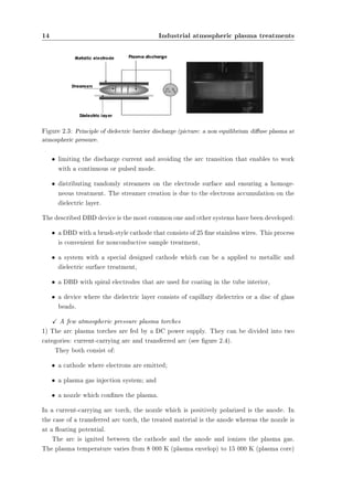 14 Industrial atmospheric plasma treatments 
Figure 2.3: Principle of dielectric barrier discharge (picture: a non equilibrium diuse plasma at 
atmospheric pressure. 
² limiting the discharge current and avoiding the arc transition that enables to work 
with a continuous or pulsed mode. 
² distributing randomly streamers on the electrode surface and ensuring a homoge-neous 
treatment. The streamer creation is due to the electrons accumulation on the 
dielectric layer. 
The described DBD device is the most common one and other systems have been developed: 
² a DBD with a brush-style cathode that consists of 25 ne stainless wires. This process 
is convenient for nonconductive sample treatment, 
² a system with a special designed cathode which can be a applied to metallic and 
dielectric surface treatment, 
² a DBD with spiral electrodes that are used for coating in the tube interior, 
² a device where the dielectric layer consists of capillary dielectrics or a disc of glass 
beads. 
X A few atmospheric pressure plasma torches 
1) The arc plasma torches are fed by a DC power supply. They can be divided into two 
categories: current-carrying arc and transferred arc (see gure 2.4). 
They both consist of: 
² a cathode where electrons are emitted; 
² a plasma gas injection system; and 
² a nozzle which connes the plasma. 
In a current-carrying arc torch, the nozzle which is positively polarized is the anode. In 
the case of a transferred arc torch, the treated material is the anode whereas the nozzle is 
at a oating potential. 
The arc is ignited between the cathode and the anode and ionizes the plasma gas. 
The plasma temperature varies from 8 000 K (plasma envelop) to 15 000 K (plasma core) 
 