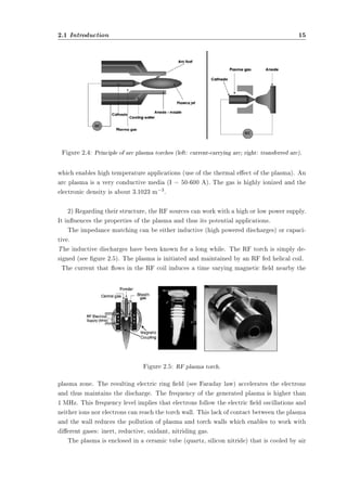 2.1 Introduction 15 
Figure 2.4: Principle of arc plasma torches (left: current-carrying arc; right: transferred arc). 
which enables high temperature applications (use of the thermal eect of the plasma). An 
arc plasma is a very conductive media (I = 50-600 A). The gas is highly ionized and the 
electronic density is about 3.1023 m¡3. 
2) Regarding their structure, the RF sources can work with a high or low power supply. 
It inuences the properties of the plasma and thus its potential applications. 
The impedance matching can be either inductive (high powered discharges) or capaci-tive. 
The inductive discharges have been known for a long while. The RF torch is simply de-signed 
(see gure 2.5). The plasma is initiated and maintained by an RF fed helical coil. 
The current that ows in the RF coil induces a time varying magnetic eld nearby the 
Figure 2.5: RF plasma torch. 
plasma zone. The resulting electric ring eld (see Faraday law) accelerates the electrons 
and thus maintains the discharge. The frequency of the generated plasma is higher than 
1 MHz. This frequency level implies that electrons follow the electric eld oscillations and 
neither ions nor electrons can reach the torch wall. This lack of contact between the plasma 
and the wall reduces the pollution of plasma and torch walls which enables to work with 
dierent gases: inert, reductive, oxidant, nitriding gas. 
The plasma is enclosed in a ceramic tube (quartz, silicon nitride) that is cooled by air 
 