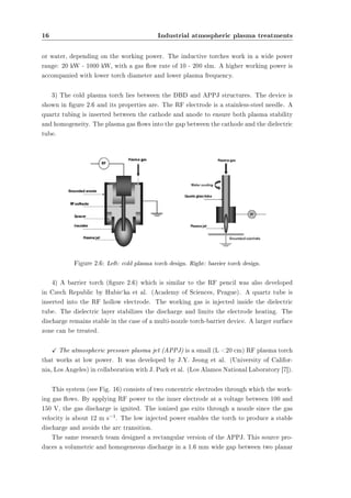 16 Industrial atmospheric plasma treatments 
or water, depending on the working power. The inductive torches work in a wide power 
range: 20 kW - 1000 kW, with a gas ow rate of 10 - 200 slm. A higher working power is 
accompanied with lower torch diameter and lower plasma frequency. 
3) The cold plasma torch lies between the DBD and APPJ structures. The device is 
shown in gure 2.6 and its properties are. The RF electrode is a stainless-steel needle. A 
quartz tubing is inserted between the cathode and anode to ensure both plasma stability 
and homogeneity. The plasma gas ows into the gap between the cathode and the dielectric 
tube. 
Figure 2.6: Left: cold plasma torch design. Right: barrier torch design. 
4) A barrier torch (gure 2.6) which is similar to the RF pencil was also developed 
in Czech Republic by Hubie'ka et al. (Academy of Sciences, Prague). A quartz tube is 
inserted into the RF hollow electrode. The working gas is injected inside the dielectric 
tube. The dielectric layer stabilizes the discharge and limits the electrode heating. The 
discharge remains stable in the case of a multi-nozzle torch-barrier device. A larger surface 
zone can be treated. 
X The atmospheric pressure plasma jet (APPJ) is a small (L 20 cm) RF plasma torch 
that works at low power. It was developed by J.Y. Jeong et al. (University of Califor-nia, 
Los Angeles) in collaboration with J. Park et al. (Los Alamos National Laboratory [7]). 
This system (see Fig. 16) consists of two concentric electrodes through which the work-ing 
gas ows. By applying RF power to the inner electrode at a voltage between 100 and 
150 V, the gas discharge is ignited. The ionized gas exits through a nozzle since the gas 
velocity is about 12 m s¡1. The low injected power enables the torch to produce a stable 
discharge and avoids the arc transition. 
The same research team designed a rectangular version of the APPJ. This source pro-duces 
a volumetric and homogeneous discharge in a 1.6 mm wide gap between two planar 
 