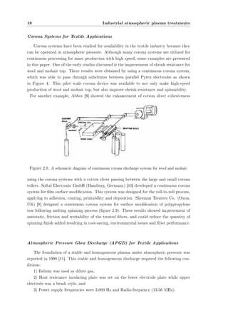 18 Industrial atmospheric plasma treatments 
Corona Systems for Textile Applications 
Corona systems have been studied for availability in the textile industry because they 
can be operated in atmospheric pressure. Although many corona systems are utilized for 
continuous processing for mass production with high speed, some examples are presented 
in this paper. One of the early studies discussed is the improvement of shrink resistance for 
wool and mohair top. These results were obtained by using a continuous corona system, 
which was able to pass through substrates between parallel Pyrex electrodes as shown 
in Figure 4. This pilot scale corona device was available to not only make high-speed 
production of wool and mohair top, but also improve shrink-resistance and spinnability. 
For another example, Abbot [9] showed the enhancement of cotton sliver cohesiveness 
Figure 2.8: A schematic diagram of continuous corona discharge system for wool and mohair. 
using the corona systems with a cotton sliver passing between the large and small corona 
rollers. Softal Electronic GmbH (Hamburg, Germany) [10] developed a continuous corona 
system for lm surface modication. This system was designed for the roll-to-roll process, 
applying to adhesion, coating, printability and deposition. Sherman Treaters Co. (Oxon, 
UK) [8] designed a continuous corona system for surface modication of polypropylene 
tow following melting spinning process (gure 2.9). These results showed improvement of 
antistatic, friction and wettability of the treated bers, and could reduce the quantity of 
spinning nish added resulting in cost-saving, environmental issues and ber performance. 
Atmospheric Pressure Glow Discharge (APGD) for Textile Applications 
The foundation of a stable and homogeneous plasma under atmospheric pressure was 
reported in 1998 [11]. This stable and homogeneous discharge required the following con-ditions: 
1) Helium was used as dilute gas, 
2) Heat resistance insulating plate was set on the lower electrode plate while upper 
electrode was a brush style, and 
3) Power supply frequencies were 3,000 Hz and Radio-frequency (13.56 MHz). 
 