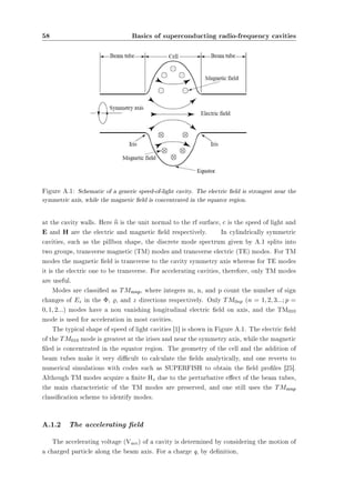 58 Basics of superconducting radio-frequency cavities 
Figure A.1: Schematic of a generic speed-of-light cavity. The electric eld is strongest near the 
symmetric axis, while the magnetic eld is concentrated in the equator region. 
at the cavity walls. Here bn is the unit normal to the rf surface, c is the speed of light and 
E and H are the electric and magnetic eld respectively. In cylindrically symmetric 
cavities, such as the pillbox shape, the discrete mode spectrum given by A.1 splits into 
two groups, transverse magnetic (TM) modes and transverse electric (TE) modes. For TM 
modes the magnetic eld is transverse to the cavity symmetry axis whereas for TE modes 
it is the electric one to be transverse. For accelerating cavities, therefore, only TM modes 
are useful. 
Modes are classied as TMmnp, where integers m, n, and p count the number of sign 
changes of Ez in the ©, %, and z directions respectively. Only TM0np (n = 1; 2; 3:::; p = 
0; 1; 2:::) modes have a non vanishing longitudinal electric eld on axis, and the TM010 
mode is used for acceleration in most cavities. 
The typical shape of speed of light cavities [1] is shown in Figure A.1. The electric eld 
of the TM010 mode is greatest at the irises and near the symmetry axis, while the magnetic 
led is concentrated in the equator region. The geometry of the cell and the addition of 
beam tubes make it very dicult to calculate the elds analytically, and one reverts to 
numerical simulations with codes such as SUPERFISH to obtain the eld proles [25]. 
Although TM modes acquire a nite Hz due to the perturbative eect of the beam tubes, 
the main characteristic of the TM modes are preserved, and one still uses the TMmnp 
classication scheme to identify modes. 
A.1.2 The accelerating eld 
The accelerating voltage (Vacc) of a cavity is determined by considering the motion of 
a charged particle along the beam axis. For a charge q, by denition, 
 