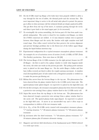 LIST OF FIGURES 67 
3.6 On the 6 GHz stand top ange a few holes have been properly drilled to allow a 
way through for the two rf cables, the thermal probe and the vacuum line. The 
most important thing to notice is the all metal valve placed to permit the process 
gas to ow in when necessary (all the technical details are deeply analyzed in [27]). 
The gas ows from the top of the insert, it continues passing through the cavity 
and than it goes back to the stand upper part (to be recovered). . . . . . . . . . 42 
3.7 To oversimplify the system assembling, the bottom part of it has been made com-pletely 
independent. The cavity is closed by two stainless steel anges, on which 
the rf SMA connectors are welded. A 1.5 mm diameter indium wire is squeezed 
between these anges and the cavity at borders with eight stainless steel half 
round rings. Four teon coated vertical bar lines preserve the system alignment 
and prevent blockage problems due to the freeze-over of the bellow upper ange 
during the liquid helium insertion step. . . . . . . . . . . . . . . . . . . . . . . 43 
3.8 Experimental conguration for a typical resonance atmospheric plasma treatment. 44 
3.9 An example of a set of excitation curves of cavities (1-cell, 1.5 GHz) of TTF (Tesla 
Test Facility) production. Tests were done at 2 K [28]. . . . . . . . . . . . . . . 45 
3.10 The bottom ange of the 1.5 GHz resonator (on the right picture) houses two CF 
35 anges : the rst is used to x a glassy window to verify what happens inside 
the cavity, the other one works as the process gas inlet. The pickup probe antenna 
entry is placed on the same ange too. On the outlet ange a bellow and four 
bars (teon covered) are xed to allow the coupler antenna movement. A stainless 
steal electropolished piece of tube ended with a Swagelock assembly is welded too 
to make the process gas owing out. . . . . . . . . . . . . . . . . . . . . . . . . 46 
3.11 Helium ux moves from the bottom ange to the top one. The phenomenon has 
been observed from the glassy window xed to the 1.5 GHz cavity lower side. The 
ignited plasma looks sphere-shaped. As expected it is placed in the high eld zone. 47 
3.12 For the rst attempts, the resonance atmospheric plasma has been observed (through 
a protective wire netting) from a glassy window xed to the 1.5 GHz cavity cell. . 48 
3.13 Argon ux moves from the top ange to the bottom one. The phenomenon has 
been observed (trough a protective wire netting) from a glassy window xed to 
the cavity cell. The ignited plasma looks cigar-shaped. As expected it is placed 
in the high eld zone. It moves in an uncontrolled way and it often stops in 
correspondence to defects of the test resonator walls. . . . . . . . . . . . . . . . 48 
3.14 Q vs. Eacc of the Nb 6 GHz cavity treated with atmospheric resonance plasma. 
± starting situation; £ 30 minutes plasma treatment; 4 60 minutes plasma 
treatment. . . . . . . . . . . . . . . . . . . . . . . . . . . . . . . . . . . . . . 50 
3.15 Q0 increment after the third treatment. £ 30 minutes plasma treatment; } 
10 minutes plasma plus 10 minutes ultrasonic rinsing. . . . . . . . . . . . . . . . 50 
4.1 Magnetic and electric eld distribution of the fundamental mode TM010 referred 
to a tesla type cavity. . . . . . . . . . . . . . . . . . . . . . . . . . . . . . . . . 52 
 