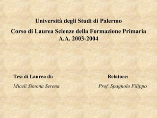 Corso di Laurea Scienze della Formazione Primaria
A.A. 2003-2004
Università degli Studi di Palermo
Tesi di Laurea di: Relatore:
Miceli Simona Serena Prof. Spagnolo Filippo
 