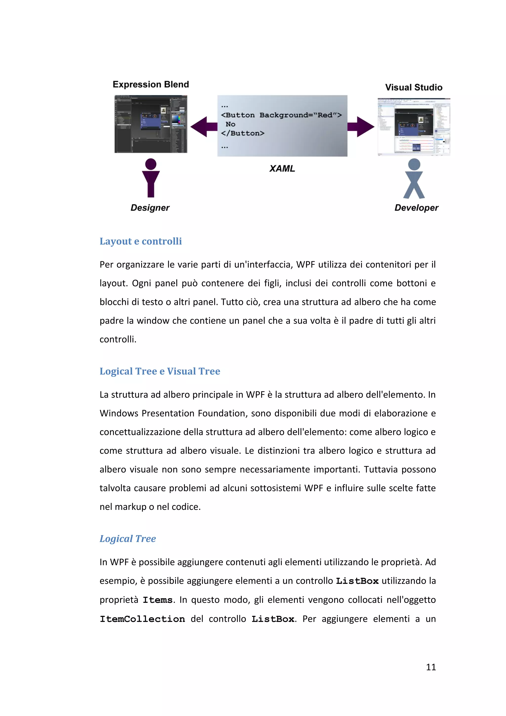 Layout e controlli

Per organizzare le varie parti di un'interfaccia, WPF utilizza dei contenitori per il
layout. Ogni panel può contenere dei figli, inclusi dei controlli come bottoni e
blocchi di testo o altri panel. Tutto ciò, crea una struttura ad albero che ha come
padre la window che contiene un panel che a sua volta è il padre di tutti gli altri
controlli.


Logical Tree e Visual Tree

La struttura ad albero principale in WPF è la struttura ad albero dell'elemento. In
Windows Presentation Foundation, sono disponibili due modi di elaborazione e
concettualizzazione della struttura ad albero dell'elemento: come albero logico e
come struttura ad albero visuale. Le distinzioni tra albero logico e struttura ad
albero visuale non sono sempre necessariamente importanti. Tuttavia possono
talvolta causare problemi ad alcuni sottosistemi WPF e influire sulle scelte fatte
nel markup o nel codice.


Logical Tree

In WPF è possibile aggiungere contenuti agli elementi utilizzando le proprietà. Ad
esempio, è possibile aggiungere elementi a un controllo ListBox utilizzando la
proprietà Items. In questo modo, gli elementi vengono collocati nell'oggetto
ItemCollection del controllo ListBox. Per aggiungere elementi a un



                                                                                  11
 