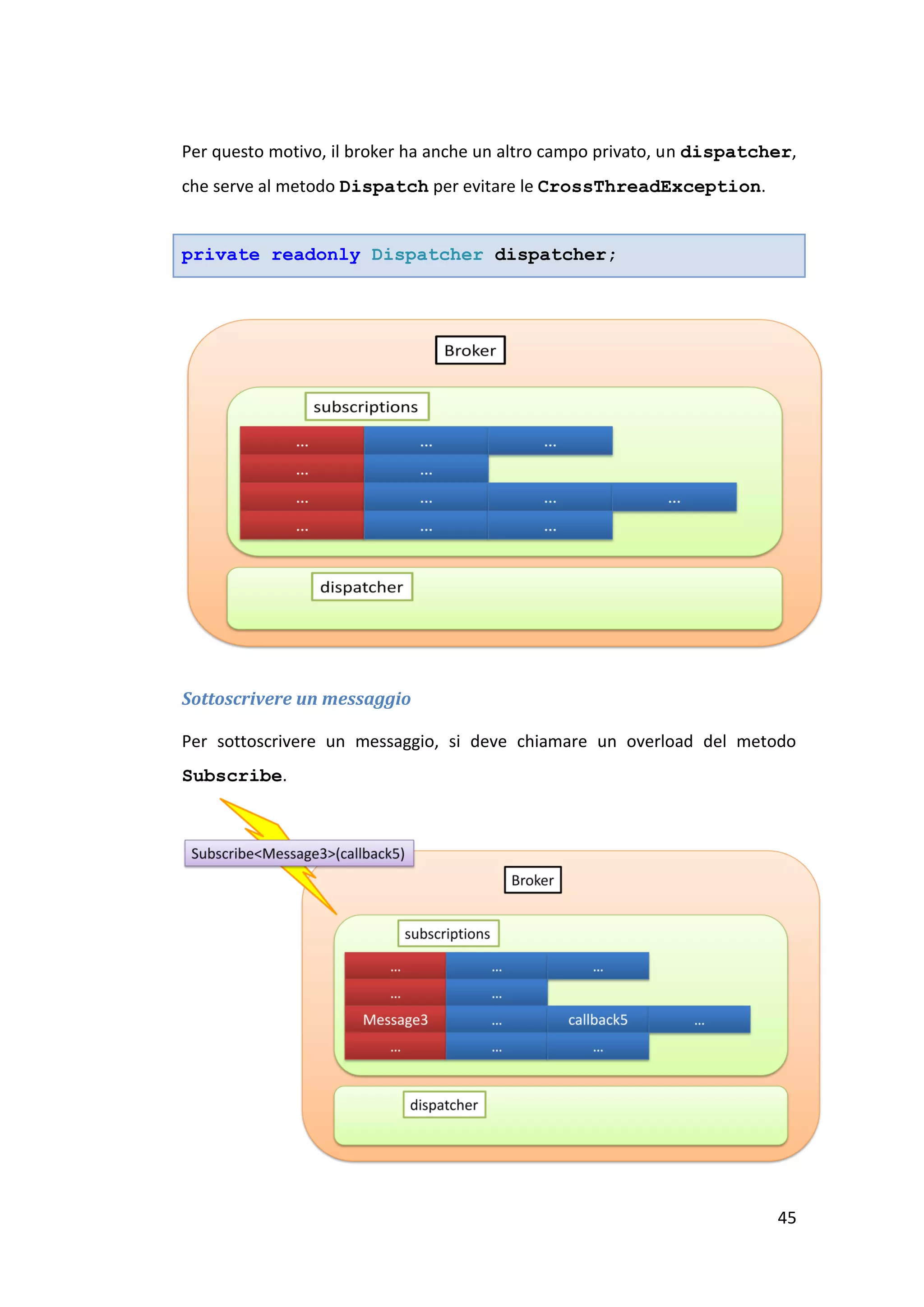 Per questo motivo, il broker ha anche un altro campo privato, un dispatcher,
che serve al metodo Dispatch per evitare le CrossThreadException.


private readonly Dispatcher dispatcher;




Sottoscrivere un messaggio

Per sottoscrivere un messaggio, si deve chiamare un overload del metodo
Subscribe.




                                                                         45
 