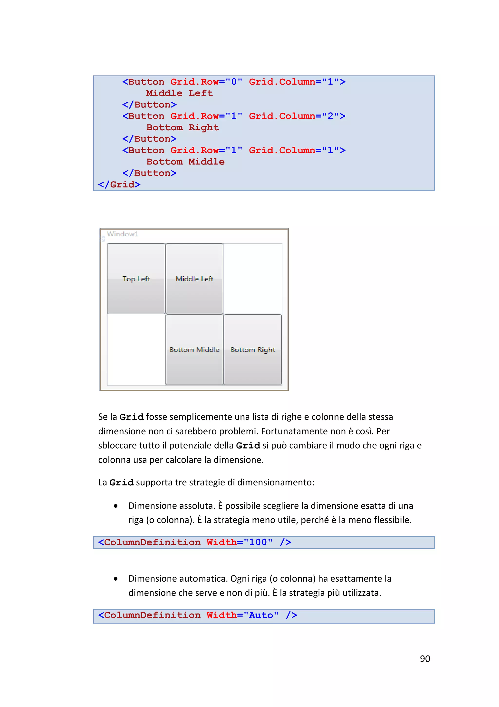 <Button Grid.Row="0" Grid.Column="1">
        Middle Left
    </Button>
    <Button Grid.Row="1" Grid.Column="2">
        Bottom Right
    </Button>
    <Button Grid.Row="1" Grid.Column="1">
        Bottom Middle
    </Button>
</Grid>




Se la Grid fosse semplicemente una lista di righe e colonne della stessa
dimensione non ci sarebbero problemi. Fortunatamente non è così. Per
sbloccare tutto il potenziale della Grid si può cambiare il modo che ogni riga e
colonna usa per calcolare la dimensione.

La Grid supporta tre strategie di dimensionamento:

      Dimensione assoluta. È possibile scegliere la dimensione esatta di una
       riga (o colonna). È la strategia meno utile, perché è la meno flessibile.

<ColumnDefinition Width="100" />


      Dimensione automatica. Ogni riga (o colonna) ha esattamente la
       dimensione che serve e non di più. È la strategia più utilizzata.

<ColumnDefinition Width="Auto" />



                                                                                   90
 