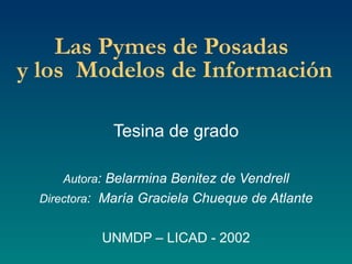 Las Pymes de Posadas  y los  Modelos de Información Tesina  de grado Autora : Belarmina Benitez de Vendrell Directora :  María Graciela Chueque de Atlante UNMDP – LICAD - 2002 