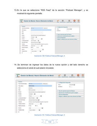 13. En la que se selecciona “RSS Feed” de la sección “Podcast Manager”, y se
   mostrará la siguiente pantalla:




                        Ilustración 100: Publicar Podcast Manager, 4




14. Se terminan de ingresar los datos de la nueva opción y del lado derecho se
   selecciona el canal al cual estará vinculada:




                        Ilustración 101: Publicar Podcast Manager, 5



                                           132
 