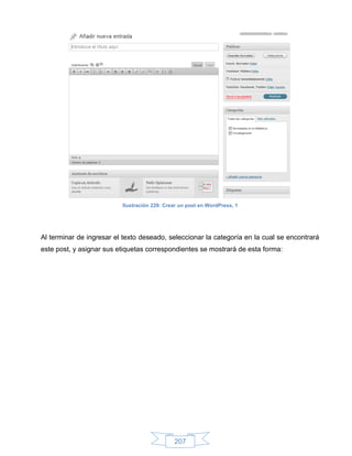 Ilustración 229: Crear un post en WordPress, 1




Al terminar de ingresar el texto deseado, seleccionar la categoría en la cual se encontrará
este post, y asignar sus etiquetas correspondientes se mostrará de esta forma:




                                              207
 