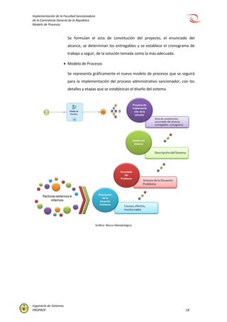 Implementación de la Facultad Sancionadora
de la Contraloría General de la República
Modelo de Procesos
Ingeniería de Sistemas
PROPROF 18
Se formulan el acta de constitución del proyecto, el enunciado del
alcance, se determinan los entregables y se establece el cronograma de
trabajo a seguir, de la solución tomada como la más adecuada.
 Modelo de Procesos
Se representa gráficamente el nuevo modelo de procesos que se seguirá
para la implementación del proceso administrativo sancionador, con los
detalles y etapas que se establezcan el diseño del sistema.
Gráfico: Marco Metodológico
 