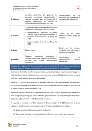Implementación de la Facultad Sancionadora
de la Contraloría General de la República
Modelo de Procesos
Ingeniería de Sistemas
PROPROF 33
1.- Alcance
Identificar, desarrollar y/o gestionar los
elementos normativos, organizacionales y
recursos necesarios para el ejercicio de la
potestad sancionadora en materia de
responsabilidad administrativa funcional.
Funcionamiento de las
instancias que conforman el
procedimiento sancionador.
2.- Tiempo
La implementación del Proceso Administrativo
Sancionador comprenderá dos (02) etapas:
 Implementación transición incluyendo
Tribunal Superior de Responsabilidades se
Sanciones Administrativas: 26 Enero del
2012.
 Implementación Final: 10 de Mayo del
2012.
Cumplir en las fechas
estimadas para las etapas del
proyecto.
3.- Costo $ xx,xxx,xxx.xx
Contar con los recursos
necesarios y no sobrepasar el
presupuesto estimado.
4.- Calidad
Establecer parámetros normativos y
organizacionales que aseguren la eficacia y
eficiencia del Proceso Administrativo
Sancionador.
Cumplimiento de
especificaciones técnicas
establecidas.
Finalidad del Proyecto: Fin último, propósito general, u objetivo de nivel superior por el cual se
ejecuta el proyecto, enlace con programas, portafolio, o estrategias de la organización.
Identificar y desarrollar los elementos normativos, organizacionales y recursos necesarios para la
implantación de la potestad sancionadora en materia de responsabilidad administrativa funcional
conferida a la Contraloría General de la República.
Asegurar el correcto procesamiento y adecuada sanción de la responsabilidad administrativa
funcional identificada en el proceso de control, permitiendo su articulación eficiente con el proceso
de identificación de responsabilidades – PIR.
Permitir el efectivo ejercicio de la potestad sancionadora, para fines de la prevención y represión de
conductas graves y muy graves en las entidades, proporcionando una respuesta oportuna e idónea
del control gubernamental en la lucha contra la corrupción.
El proyecto se enmarca en el Plan Maestro de Transformación de la CGR, conforme al Nuevo
Modelo de Gestión y se inserta principalmente en los siguientes objetivos estratégicos:
a) Lograr un alto nivel de confianza en la ciudadanía.
b) Reorganizar e integrar el Sistema Nacional de Control y la normativa que lo soporta.
 