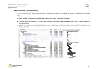Implementación de la Facultad Sancionadora
de la Contraloría General de la República
Modelo de Procesos
Ingeniería de Sistemas
PROPROF 40
4.2.2 Cronograma de Ejecución del proyecto
El cronograma muestra las fechas establecidas por el Comité Directivo, a partir del “quick off” del proyecto con fecha 03 de Octubre del
2011.
El tiempo asignado al desarrollo del componente de procesos es de 56 días y comprende lo siguiente:
 Diagrama de flujo de procesos (1ra Instancia-Fase Instructora, 1ra Instancia-Fase Sancionadora, 2da Instancia-Tribunal Superior de
Responsabilidades)
 Manual de procedimientos (1ra Instancia-Fase Instructora, 1ra Instancia-Fase Sancionadora, 2da Instancia-Tribunal Superior de
Responsabilidades)
 