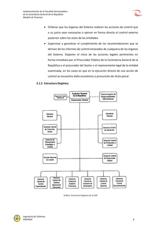 Implementación de la Facultad Sancionadora
de la Contraloría General de la República
Modelo de Procesos
Ingeniería de Sistemas
PROPROF 8
 Ordenar que los órganos del Sistema realicen las acciones de control que
a su juicio sean necesarias o ejercer en forma directa el control externo
posterior sobre los actos de las entidades.
 Supervisar y garantizar el cumplimiento de las recomendaciones que se
deriven de los informes de control emanados de cualquiera de los órganos
del Sistema. Disponer el inicio de las acciones legales pertinentes en
forma inmediata por el Procurador Público de la Contraloría General de la
República o el procurador del Sector o el representante legal de la entidad
examinada, en los casos en que en la ejecución directa de una acción de
control se encuentre daño económico o presunción de ilícito penal.
2.1.5 Estructura Orgánica
Gráfico: Estructura Orgánica de la CGR
 
