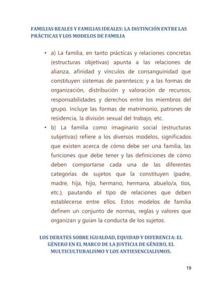 19
FAMILIAS REALES Y FAMILIAS IDEALES: LA DISTINCIÓN ENTRE LAS
PRÁCTICAS YLOS MODELOS DE FAMILIA
• a) La familia, en tanto prácticas y relaciones concretas
(estructuras objetivas) apunta a las relaciones de
alianza, afinidad y vínculos de consanguinidad que
constituyen sistemas de parentesco; y a las formas de
organización, distribución y valoración de recursos,
responsabilidades y derechos entre los miembros del
grupo. Incluye las formas de matrimonio, patrones de
residencia, la división sexual del trabajo, etc.
• b) La familia como imaginario social (estructuras
subjetivas) refiere a los diversos modelos, significados
que existen acerca de cómo debe ser una familia, las
funciones que debe tener y las definiciones de cómo
deben comportarse cada una de las diferentes
categorías de sujetos que la constituyen (padre,
madre, hija, hijo, hermano, hermana, abuelo/a, tíos,
etc.), pautando el tipo de relaciones que deben
establecerse entre ellos. Estos modelos de familia
definen un conjunto de normas, reglas y valores que
organizan y guían la conducta de los sujetos.
LOS DEBATES SOBRE IGUALDAD, EQUIDAD Y DIFERENCIA: EL
GÉNERO EN EL MARCO DE LA JUSTICIA DE GÉNERO, EL
MULTICULTURALISMO Y LOS ANTIESENCIALISMOS.
 