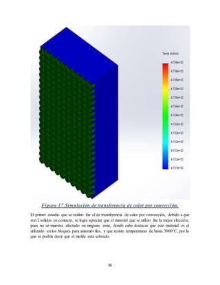 36
Figura 17 Simulación de transferencia de calor por convección.
El primer estudio que se realizo fue el de transferencia de calor por convección, debido a que
son 2 solidos en contacto, se logra apreciar que el material que se utilizo fue la mejor elección,
pues no se muestra afectado en ninguna zona, donde cabe destacar que este material es el
utilizado en los bloques para automóviles, y que resiste temperaturas de hasta 3000°C, por lo
que se podría decir que el molde esta sobrado.
 