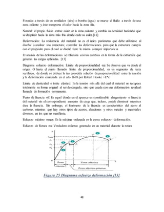 48
Forzada: a través de un ventilador (aire) o bomba (agua) se mueve el fluido a través de una
zona caliente y éste transporta el calor hacía la zona fría.
Natural: el propio fluido extrae calor de la zona caliente y cambia su densidad haciendo que
se desplace hacía la zona más fría donde cede su calor.[12]
Deformación: La resistencia del material no es el único parámetro que debe utilizarse al
diseñar o analizar una estructura; controlar las deformaciones para que la estructura cumpla
con el propósito para el cual se diseñó tiene la misma o mayor importancia.
El análisis de las deformaciones se relaciona con los cambios en la forma de la estructura que
generan las cargas aplicadas. [13]
Diagrama esfuerzo deformación: Límite de proporcionalidad σp: Se observa que va desde el
origen O hasta el punto llamado límite de proporcionalidad, es un segmento de recta
rectilíneo, de donde se deduce la tan conocida relación de proporcionalidad entre la tensión
y la deformación enunciada en el año 1678 por Robert Hooke =E*ε
Límite de elasticidad o limite elástico: Es la tensión más allá del cual el material no recupera
totalmente su forma original al ser descargado, sino que queda con una deformación residual
llamada de formación permanente.
Punto de fluencia σf: Es aquel donde en el aparece un considerable alargamiento o fluencia
del material sin el correspondiente aumento de carga que, incluso, puede disminuir mientras
dura la fluencia. Sin embargo, el fenómeno de la fluencia es característico del acero al
carbono, mientras que hay otros tipos de aceros, aleaciones y otros metales y materiales
diversos, en los que no manifiesta.
Esfuerzo máximo σmax: Es la máxima ordenada en la curva esfuerzo‐ deformación.
Esfuerzo de Rotura σu: Verdadero esfuerzo generado en un material durante la rotura
Figura 25 Diagrama esfuerzo deformación [13].
 