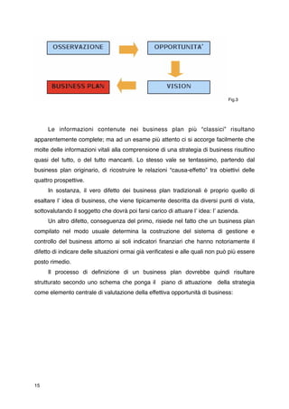 Fig.3




    Le informazioni contenute nei business plan più “classici” risultano
apparentemente complete; ma ad un esame più attento ci si accorge facilmente che
molte delle informazioni vitali alla comprensione di una strategia di business risultino
quasi del tutto, o del tutto mancanti. Lo stesso vale se tentassimo, partendo dal
business plan originario, di ricostruire le relazioni “causa-effetto” tra obiettivi delle
quattro prospettive.

    In sostanza, il vero difetto dei business plan tradizionali è proprio quello di
esaltare lʼ idea di business, che viene tipicamente descritta da diversi punti di vista,
sottovalutando il soggetto che dovrà poi farsi carico di attuare lʼ idea: lʼ azienda.

    Un altro difetto, conseguenza del primo, risiede nel fatto che un business plan
compilato nel modo usuale determina la costruzione del sistema di gestione e
controllo del business attorno ai soli indicatori ﬁnanziari che hanno notoriamente il
difetto di indicare delle situazioni ormai già veriﬁcatesi e alle quali non può più essere
posto rimedio.

    Il processo di deﬁnizione di un business plan dovrebbe quindi risultare
strutturato secondo uno schema che ponga il piano di attuazione della strategia
come elemento centrale di valutazione della effettiva opportunità di business:










15
 