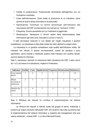 •   Facilità di comprensione. Proporzionale allʼintuitività dellʼalgoritmo con cui
          lʼindicatore è calcolato.
      •   Costo dellʼinformazione. Costo totale di produzione di un indicatore, come
          somma di costi e tempi (informatici e di personale).
      •   Signiﬁcatività. Contributo (in termini percentuali) dellʼindicatore alla
          misurazione del CSF corrispondente (non tutti gli ind. “centrano” il CSF).
      •   Frequenza. Ovvero periodicità con cui lʼindicatore è aggiornato.
      •   Strutturazione. Valutazione in termini relativi della determinatezza delle
          informazioni (gli indici sono misurabili e univoci o meno?).
      Il tutto devʼessere riassunto in una tabella per meglio inquadrare il giudizio
complessivo. La robustezza è data dalla media dei valori attribuiti ai singoli criteri.
      La robustezza è un giudizio complessivo sulla qualità dellʼindicatore scelto. Gli
indicatori non robusti, in quanto incomprensibili, costosi da calcolare o poco
signiﬁcativi, vanno scartati o modiﬁcati; qualora molti indicatori non risultino robusti,
occorre ripetere le interviste.
Step 3, robustezza: esempio di valutazione della robustezza dei CSF. I valori vanno
da 1 a 5: più bassa è la robustezza, migliore è lʼindicatore.


  Indicatore      Facilità         Costo   Signiﬁcatività Frequenza Strutturazione Robustezza
Costo unitario         1            2            2            1           1            1,4
diretto

Difetti                2            1            2            2           2            1,8
riscontrati in
produzione

Giudizio dei           1            4            1            3           3            2,4
clienti

...              ...         ...           ...          ...        ...           ...

Step 4. Riﬁnitura dei requisiti (in unʼottica di implementazione nel sistema
informativo).
          La riﬁnitura dei requisiti è lʼattività svolta dal gruppo di lavoro, ﬁnalizzata a
produrre gli output conclusivi dellʼanalisi CSF, che saranno input alle successive fasi
di implementazione del sistema informativo a supporto del management (che può
essere soﬁsticato - modulo SAP - o un ﬁle di Microsoft Excel).

34
 