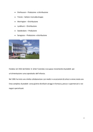 7
● Dreihausen – Produzione e distribuzione
● Trieste – Settore ricerca&sviluppo
● Warrington – Distribuzione
● Lyndhurst – Distribuzione
● Swedesboro – Produzione
● Saragozza – Produzione e distribuzione
Fondata nel 1922 dal Dottor A. Schär l'azienda si occupava inizialmente di prodotti per
un'alimentazione sana soprattutto dell'infanzia.
Nel 1981 ha inizio una stretta collaborazione con medici e associazioni di celiaci e viene creata una
linea completa di prodotti senza glutine distribuiti ad oggi in farmacia, presso i supermercati e nei
negozi specializzati.
 