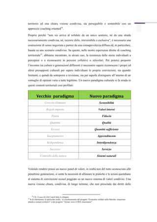 territorio ed una chiara visione condivisa, sia perseguibile e sostenibile con un
approccio coaching oriented24.

Proprio perchè “non sia arriva al solidale da un unico sentiero, né da una strada
necessariamente condivisa, né, occorre dirlo, irreversibile o esclusiva”, è necessaria una
costruzione di senso negoziata a partire da una consapevolezza diffusa ed, in particolare,
basata su uno scenario condiviso. Su questo, nelle nostre esperienze dirette di coaching
territoriale25, abbiamo incontrato, in alcuni casi, la resistenza delle storie individuali a
percepirsi o a riconoscersi in percorsi collettivi o reticolari. Per poterci proporre
l’incontro tra culture e generazioni differenti è necessario sapere riconoscere i propri ed
altrui presupposti culturali per sapere individuare le proprie convinzioni, sia quando
limitanti, e quindi da sottoporre a revisione, sia per saperle distinguere all’interno di un
ventaglio di opzioni varie e tutte legittime. Un nuovo paradigma culturale si fa strada in
questi contesti territoriali così profilati:


         Vecchio paradigma                                              Nuovo paradigma
                   Crescita illimitata                                             Sostenibilità

                     Regole imposte                                               Valori interni

                           Paura                                                      Fiducia

                         Quantità                                                     Qualità

                          Eccessi                                            Quantità sufficiente

                      Insegnamento                                               Apprendimento

                      In/dipendenza                                             Interdipendenza

                         Successo                                                     Servizio

              Controllo della natura                                            Sistemi naturali



Volendo rendere prassi un nuovo panel di valori, in realtà non del tutto sconosciuto alle
penultime generazioni, si sente la necessità di allineare le pratiche e le azioni quotidiane
al sistema di convinzioni ecosol poggiato su un nuovo sistema di valori condivisi. Una
nuova visione chiara, condivisa, di lungo termine, che non prescinda dai diritti delle



     24
        Cfr. il caso di Life Coach Italy in allegato
25
  Si fa riferimento, in particolar modo, al coordinamento del progetto “Economie solidali nelle Marche: situazione
attuale e scenari evolutivi” e del progetto “Azioni verso il DES maceratese”
 