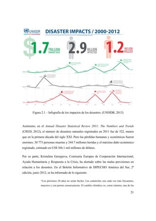 21
Figura 2.1 – Infografía de los impactos de los desastres. (UNISDR, 2013)
Asimismo, en el Annual Disaster Statistical Review 2011: The Numbers and Trends
(CRED, 2012), el número de desastres naturales registrados en 2011 fue de 322, menos
que en la primera década del siglo XXI. Pero las pérdidas humanas y económicas fueron
enormes: 30 773 personas muertas y 244.7 millones heridas y el máximo daño económico
registrado, estimado en US$ 366.1 mil millones de dólares.
Por su parte, Kristalina Georgieva, Comisaria Europea de Cooperación Internacional,
Ayuda Humanitaria y Respuesta a la Crisis, ha alertado sobre las malas previsiones en
relación a los desastres. En el Boletín Informativo de DIPECHO América del Sur, 2ª
edición, junio 2012, se ha informado de lo siguiente:
“Los próximos 20 años no serán fáciles. Las catástrofes son cada vez más frecuentes,
mayores y con peores consecuencias. El cambio climático es, como mínimo, una de las
 