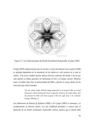 32
Figura 2.3 - Los ochos principios del Diseño Socialmente Responsable. (Cooper, 2005)
Cooper (2005) además destaca que los niveles y el área de dominio en las cuales la SRD
es aplicada dependerán de la naturaleza, de los objetivos y del contexto en el cual se
realiza. Este nuevo modelo permite abarcar diversos contextos del diseño a fin de que
sean puestos en tablas generales sin determinar el foco o el propio entorno. Mientras
tanto, el modelo deja claro la potencialidad del SRD y permite el avance dentro de las
ocho áreas que serán evaluadas.
The new model enables different design approaches to be located within an overall
framework, without dictating the focus or approach. However, the model makes clear
the potential for SRD, and allows progress within the eight areas to be evaluated.
(Cooper, 2005 pág. 7)
Las definiciones de Barrera & Quiñones (2009) y de Cooper (2005) se asemejan y se
complementan en diversos puntos. Las dos establecen principios y marcos para el
desarrollo de un diseño socialmente responsable. Incluso, destaca que el diseño debe
 